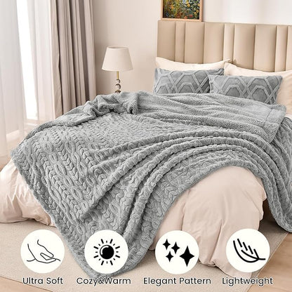 PHF Fluffy Sherpa Blanket Twin Size for Winter, Warm and Soft, 510GSM 3D Jacquard Thick Shaggy Fleece Plush Blanket for Sofa Bed, Grey, 60"x80"