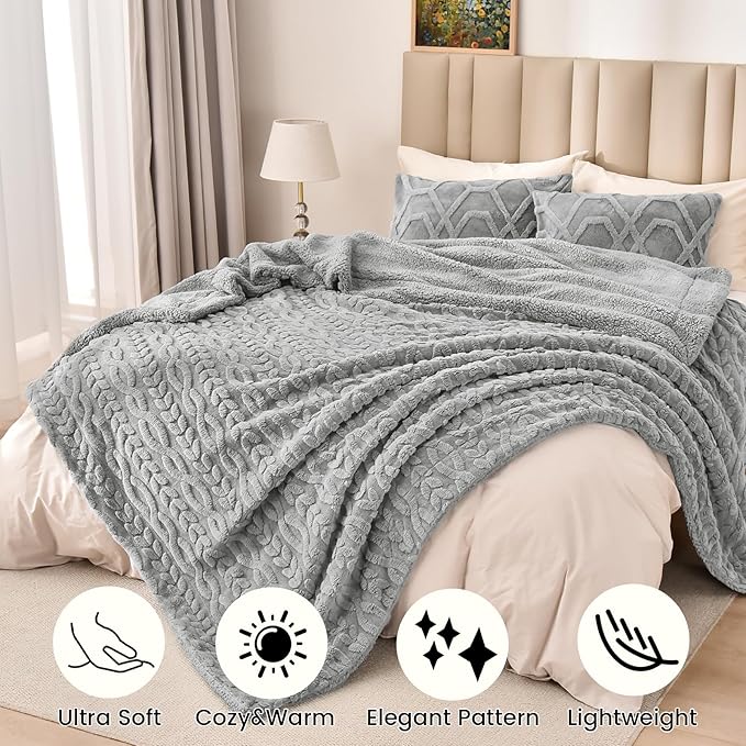 PHF Fluffy Sherpa Blanket Queen Size for Winter, Warm and Soft, 510GSM 3D Jacquard Thick Shaggy Fleece Plush Blanket for Sofa Bed, Grey, 90"x90"