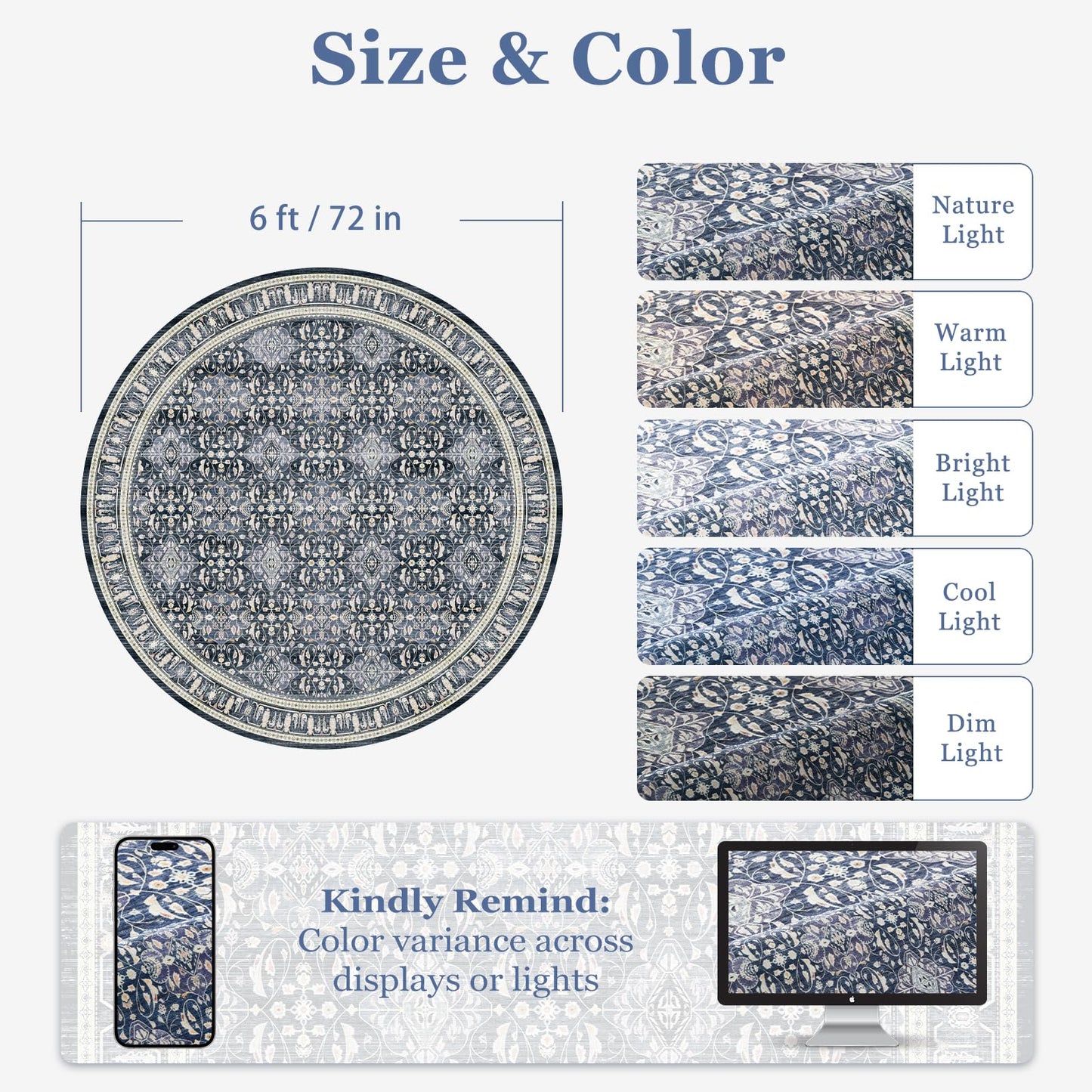 Jainmy Dark Blue Round Rugs 6ft for Living Room, Washable Non Slip Low Pile 6 Feet Circle Rug for Dining Room Kitchen, Boho Moroccan Floral Trellis 6x6 Round Carpet for Bedroom Home Office