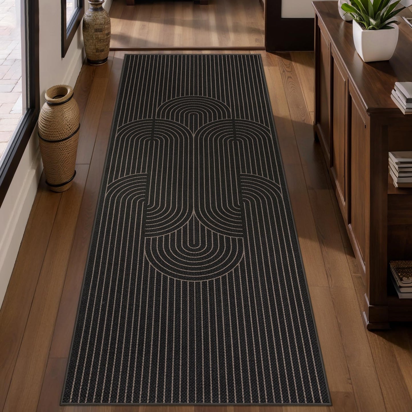Tangsoo Rainbow Easy Jute Rug 2x6 Washable Runner Rug for Hallways,Non-Slip Thin Black Geometric Outdoor Rug Runner,Modern Farmhouse Carpet for Porch Laundry Bedroom Kitchen Entryway