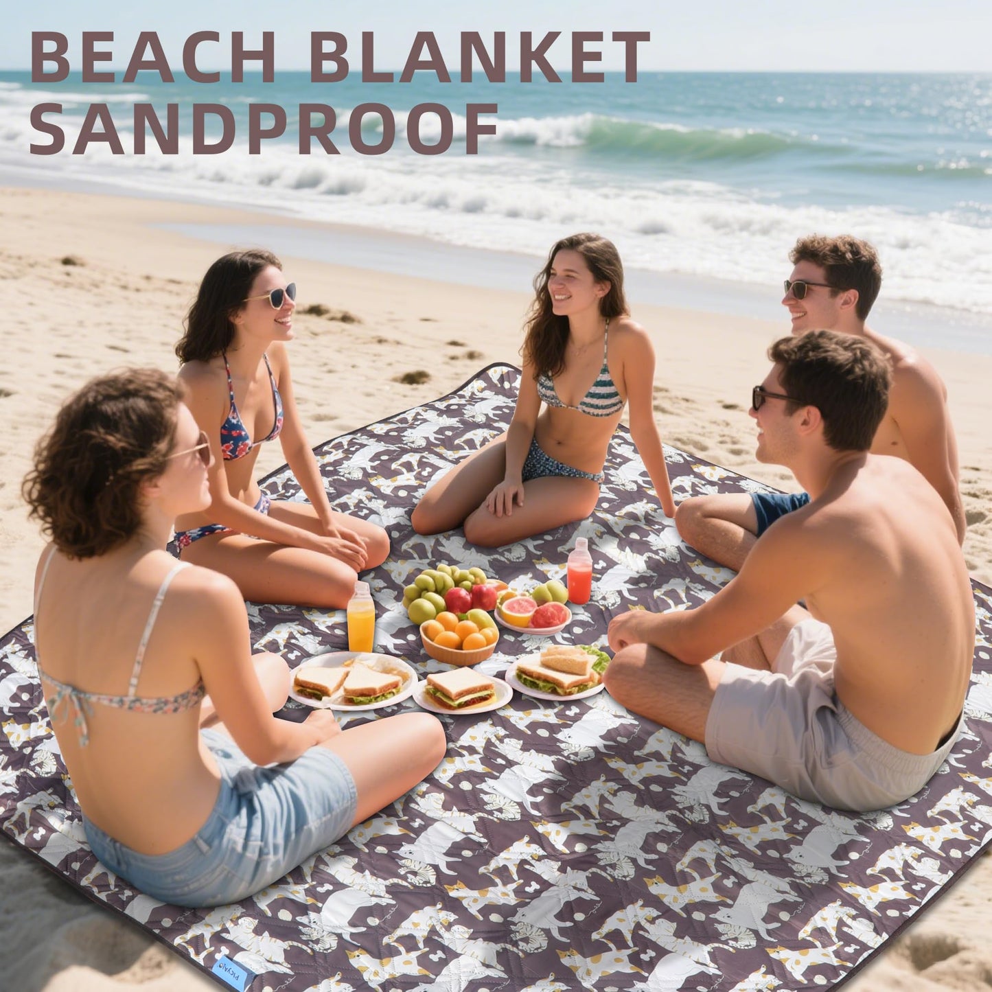 PICYALO Double Thickened Picnic Blanket, 80x80 Inches, White Fish Pattern, Cotton Filled, Portable Foldable with Leather Carry Strap, Beach and Camping