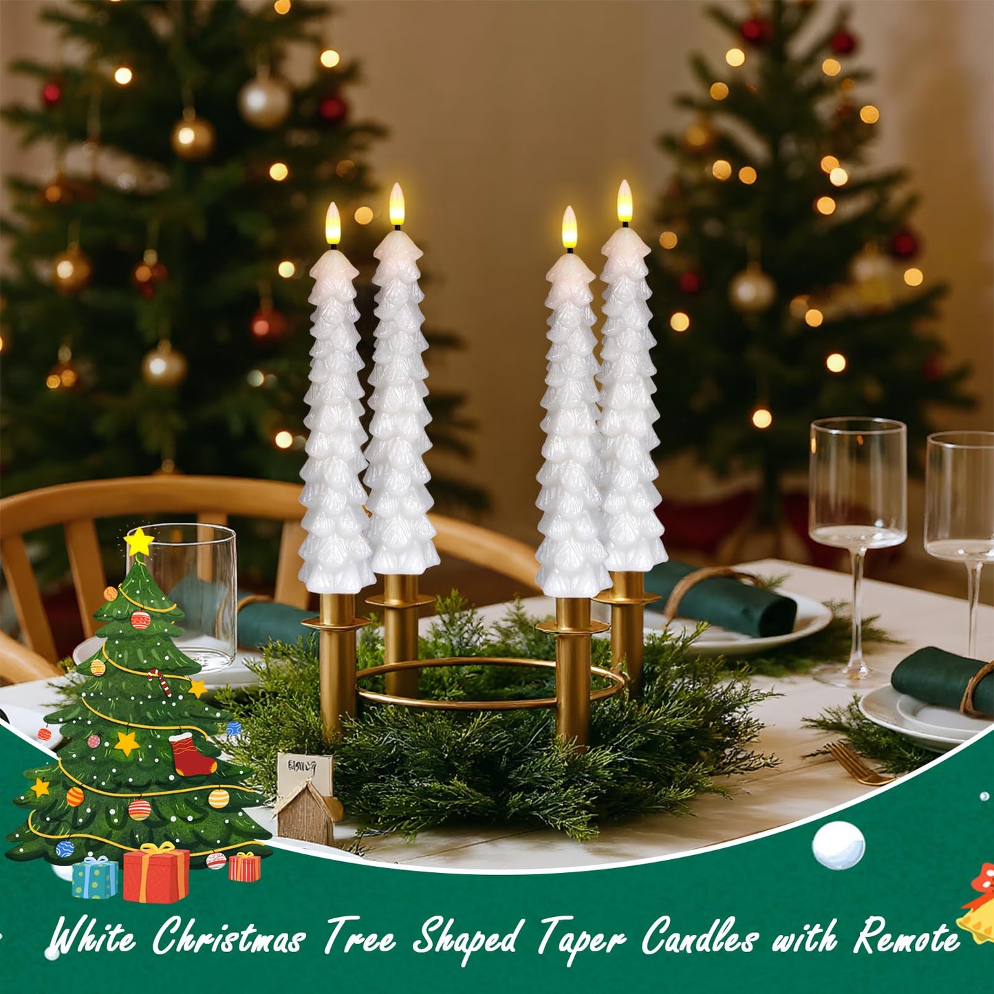 KunSwenn Christmas Tree Candles with Remote, White Christmas Tree Flameless Taper Candles Battery Operated, Real Wax Set of 4 LED Christmas Flameless Candlesticks for Xmas Winter Holiday Home Decor