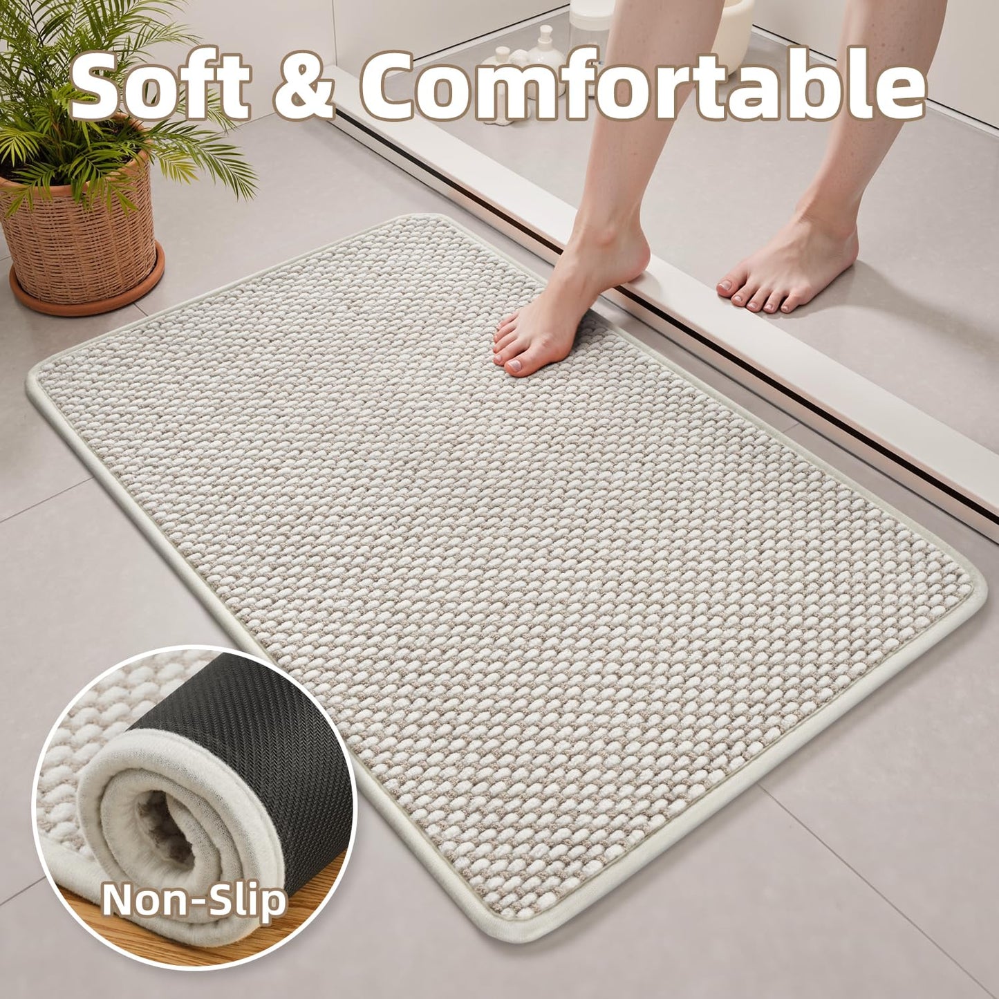 PADOOR-Bath Mat Runner-Super Absorbent Chenille Bathroom Mats-Rubber Backed Bath Mats for Bathroom Non Slip, Easy Clean Bathroom Runner Rugs Front of Bathtub,Shower Room,Sink-17×59, Beige&Cream
