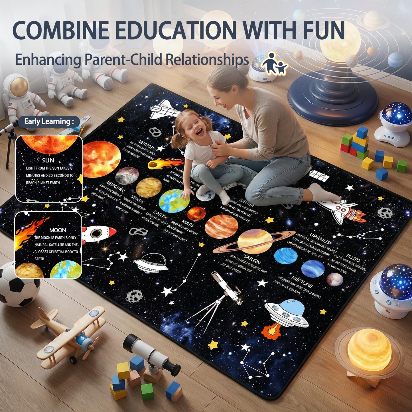 5x7 Ft Space Kids Rug for Boys Room, Playroom, Classroom, Nursery, Daycare, Educational Non-Slip Play Mat Carpet for Children Toddler Leaning Solar System, Washable & Soft Galaxy Star Rug-Faux Wool