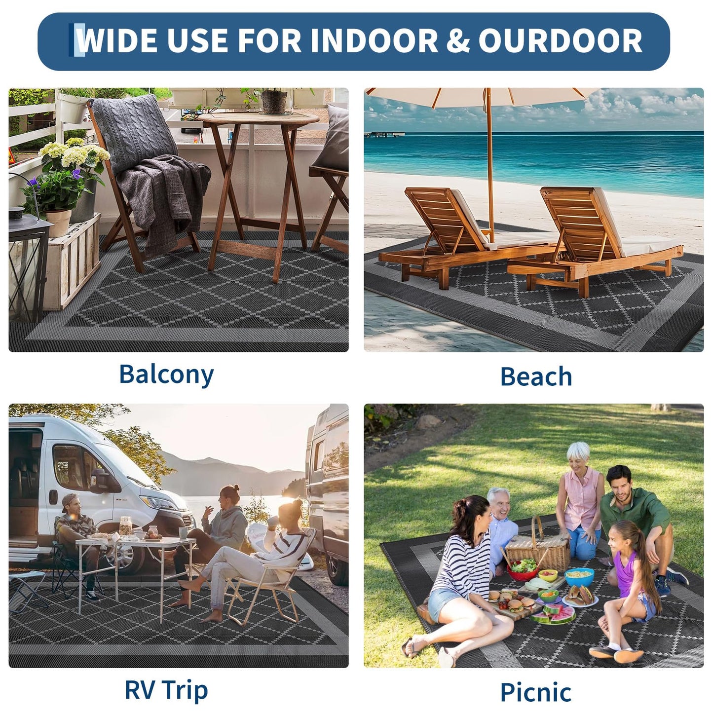 GAOMON Patio Rug 9x18 Waterproof Outdoor Plastic Straw Rug Reversible Camping Mat, Foldable Portable RV Picnic Carpet with Bag & 4 Stakes, UV Resistant Outside Carpet for Deck Balcony, Black&Grey