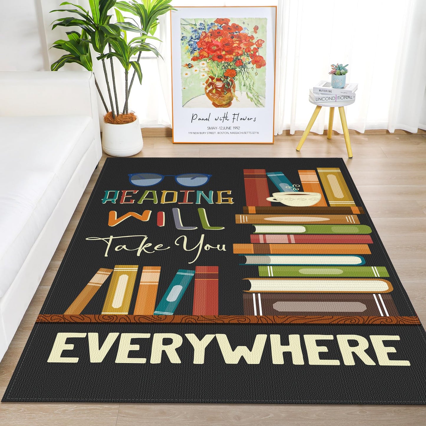 HunnmingRe Vintage Classroom School Rug Library Rug Bookshelf Area Mat Washable Non Slip Soft Fluffy Mat for Classroom Library Living Room Bedroom, 5 x 7 Feet