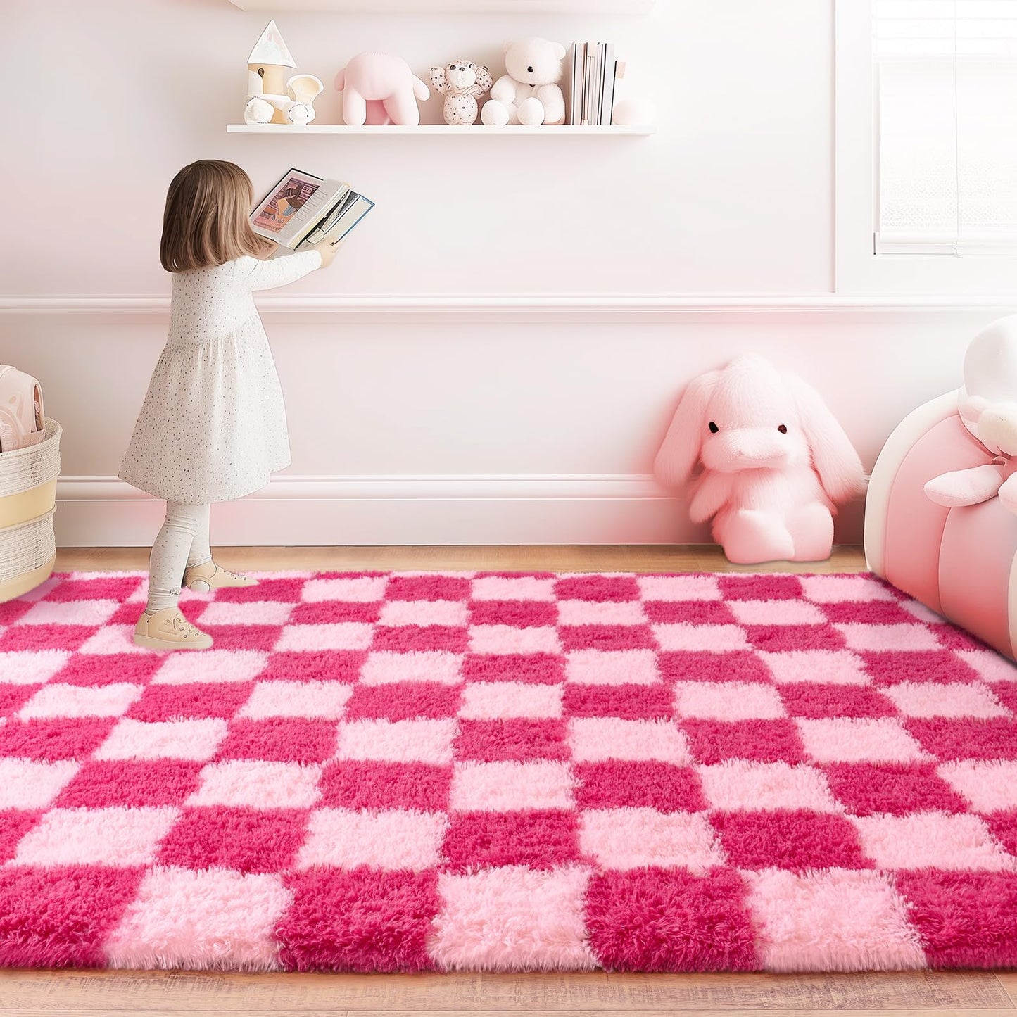 Quntue Checkered Rugs for Bedroom, 4x6 Ultra Fluffy Fuzzy Shag Area Rug for Living Room, Modern Plush Soft Upgrade Non-Slip Carpet for Girls and Kids Room Dorm Nursery Home Decor, Pink and Hot Pink