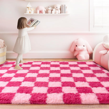 Quntue Checkered Rugs for Bedroom, 4x6 Ultra Fluffy Fuzzy Shag Area Rug for Living Room, Modern Plush Soft Upgrade Non-Slip Carpet for Girls and Kids Room Dorm Nursery Home Decor, Pink and Hot Pink
