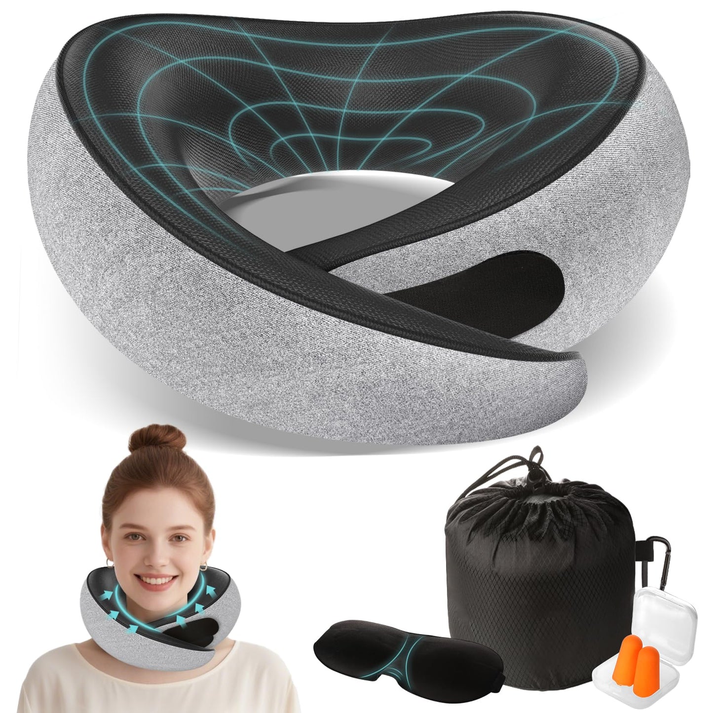 Travel Neck Pillows for Airplanes - 360° Ergonomic Memory Foam Travel Pillow - Relief Neck Pain with Breathable Support for Long Flights, Car, Train & Office Use - Adults & Kids