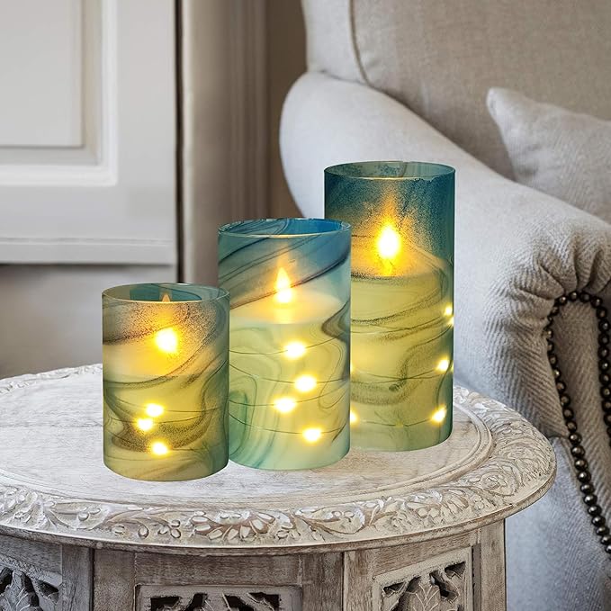 Flickering Flameless Candles Blue Water Ripple Print, Embedded Star String Lights, Battery Operated Acrylic LED Pillar Candles with 11-Key Remote and Timer for Home Decoration, 3 Pack