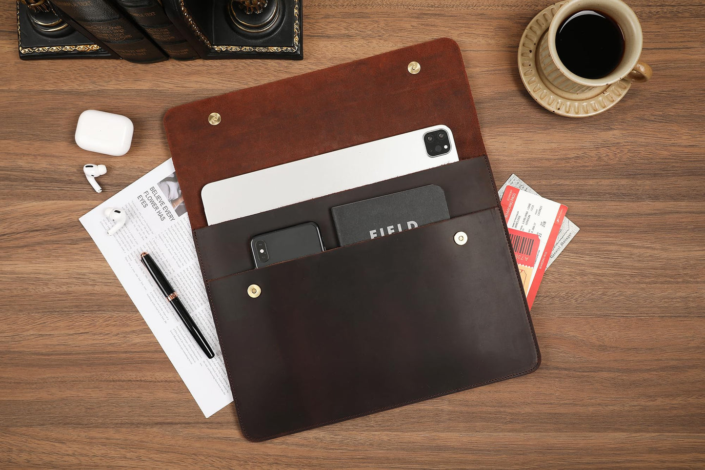 Leather Tablet Sleeve - 12.9/13 Inch iPad Pro Sleeve, Document Holder Folio File Holder, Genuine Leather iPad Case for Protection and Style-Dark Brown