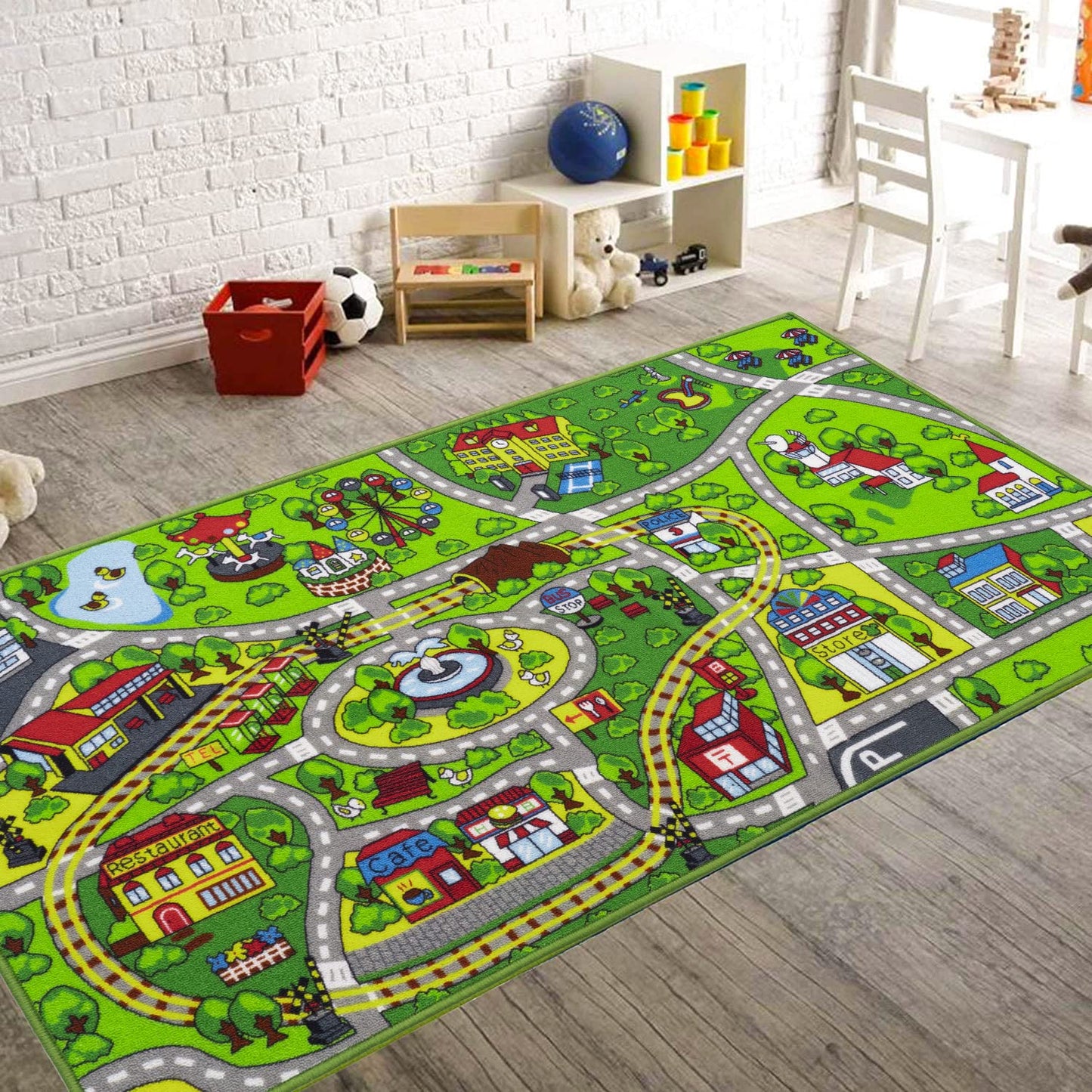 Booooom Jackson Car Rug with Exquisite Box,Washable Rug Kids Area Rug Play Mat 60"x32",Train Track Car Mat,Children Non Slip City Road Floor Carpet for Playroom Bedroom Kids Room