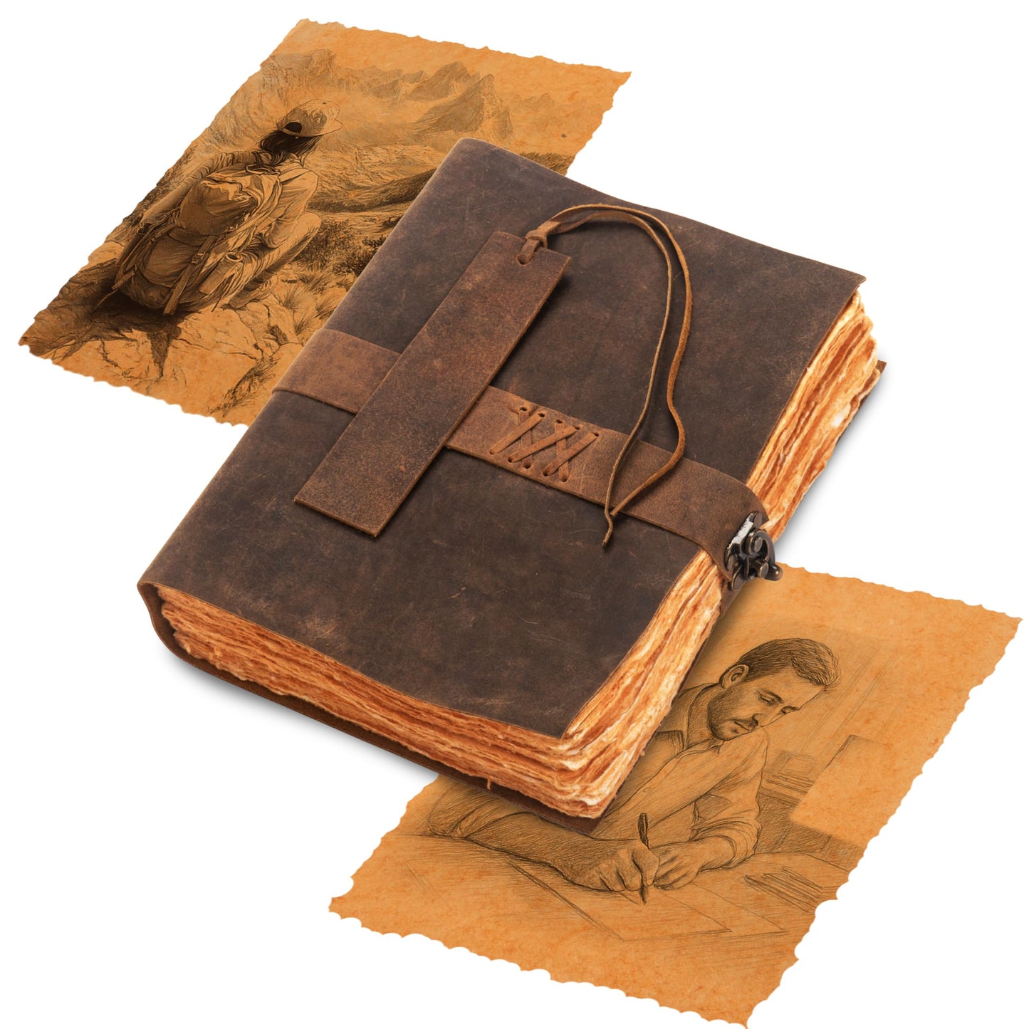 Vtry Writer’s Vintage Leather Journal 8x10 inch, 200 Deckled Pages – Antique Manuscript Style Writing Journal & Leather Notebook for Spiritual Study, Meditation Notes, Bible Study, Heritage Diary