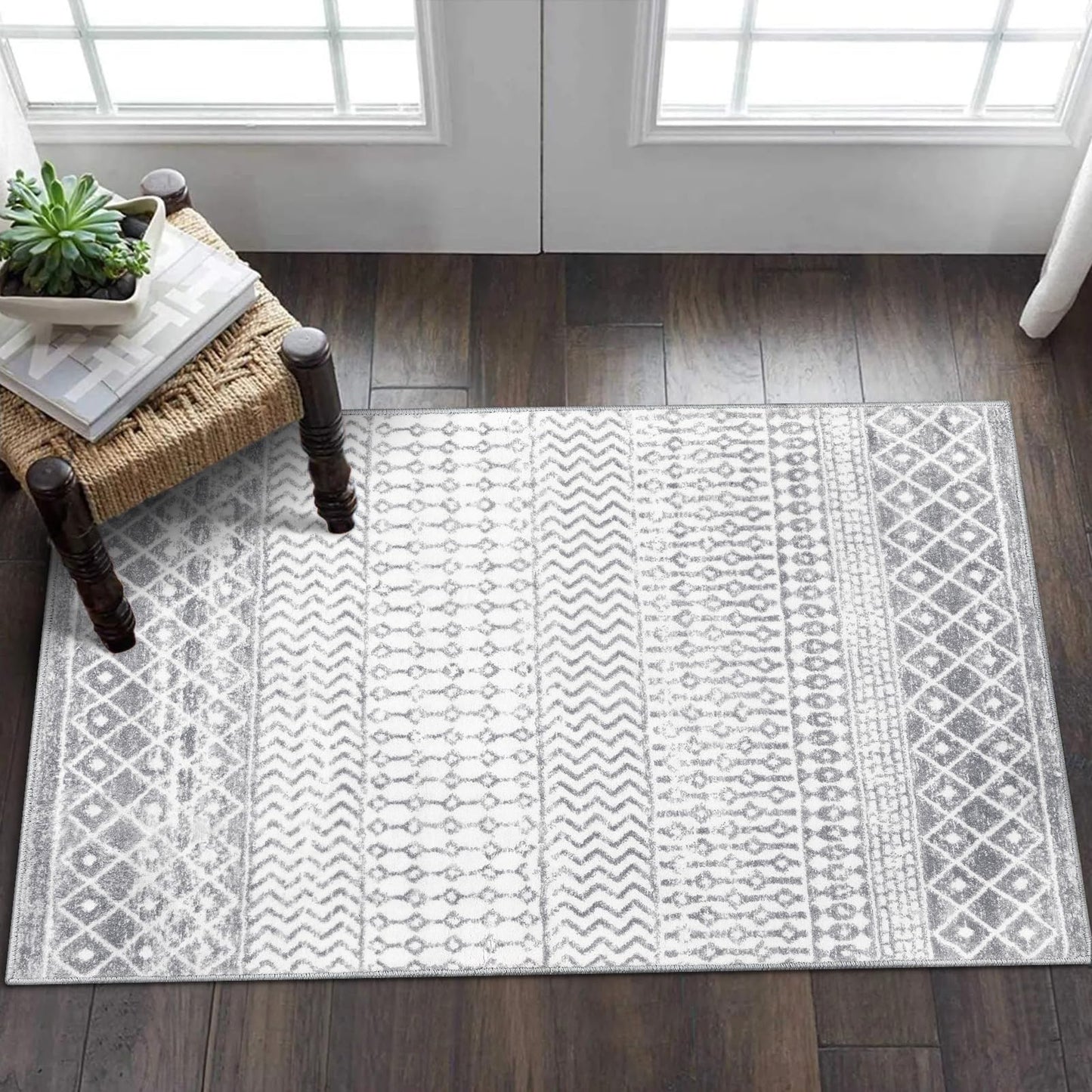 Nailttos Moroccan Washable Rugs, 2x3 Ivory Gray Rug Non-Slip Small Distressed Entryway Rugs, Soft Low-Pile Bedroom Rug Indoor Doormat Carpet for Entryway Kitchen Bathroom