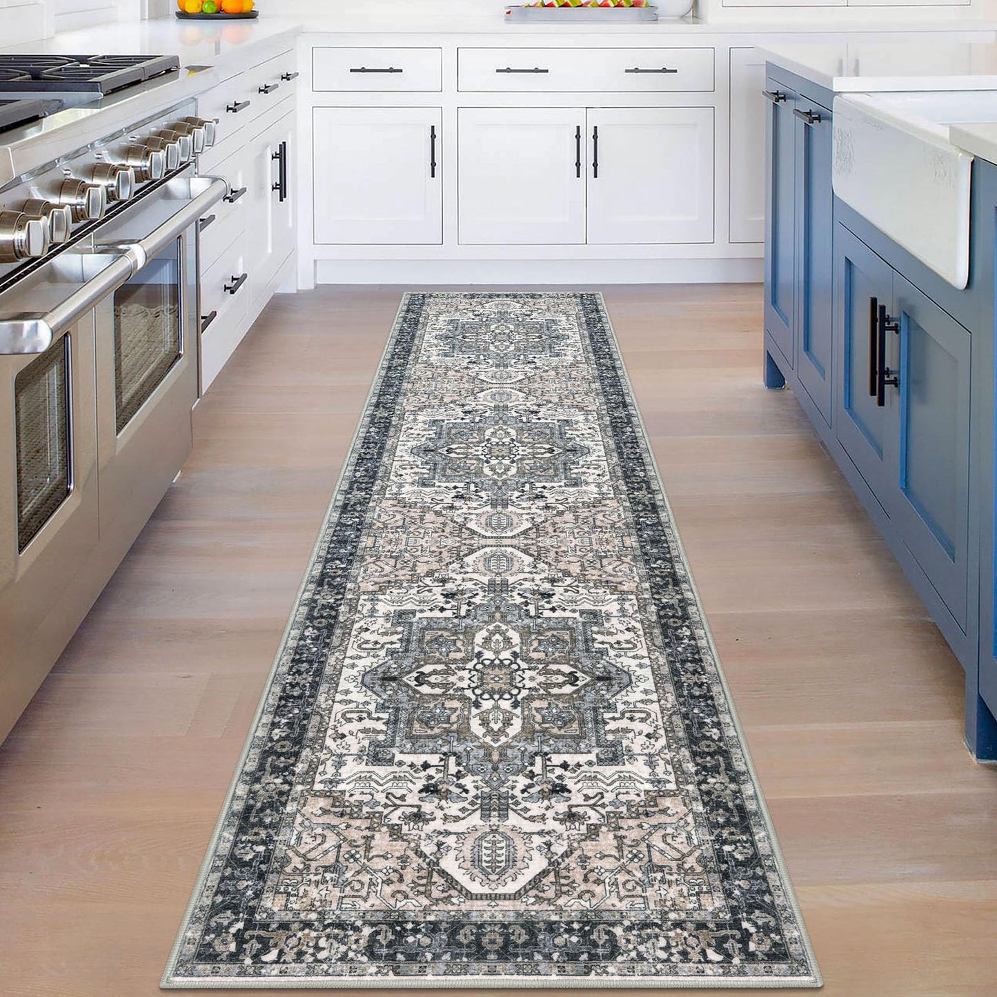 KOZYFLY Runners for Hallways 2x8 Ft Washable Kitchen Runner Rug Boho Entry Rug for Hallways Indoor Printed Faux Wool Long Floor Carpet for Entryway Bedroom Kitchen Hallway Use, Black/Taupe/Beige