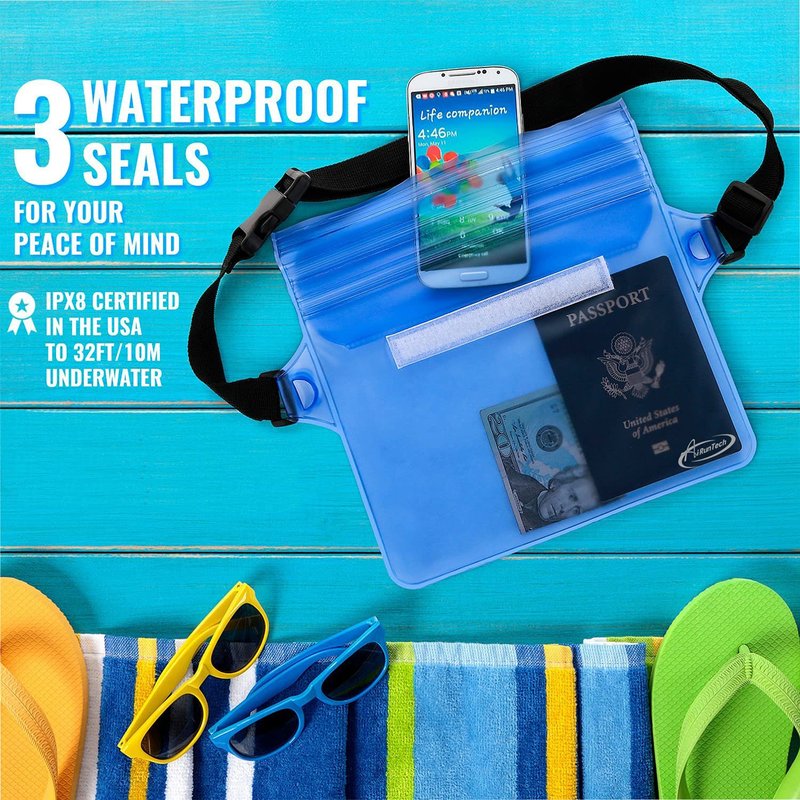 AiRunTech Waterproof Pouch with Waist Strap (2 Pack) | Beach Accessories Best Way to Keep Your Phone and Valuables Safe and Dry | Perfect for Boating Swimming Snorkeling Kayaking Beach Pool(Grey+Blue)