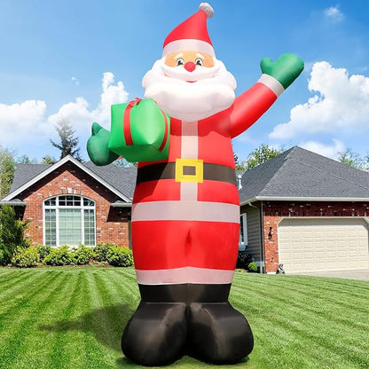 10 FT Christmas Inflatable Santa Claus Outdoor Decorations, Blow Up Santa Claus Holding Gift Box for Xmas Outside Decor, Giant Santa with Bright LED Lights for Yard Patio Garden Lawn Holiday Party