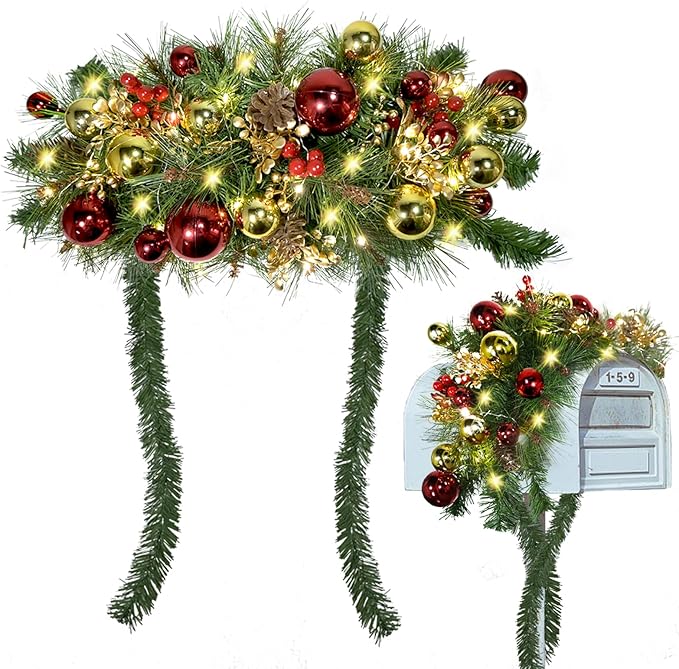 Prelit Christmas Mailbox Swag with Lights - Pine Teardrop Swag Christmas Decoration for Xmas Holiday Indoor/Outdoor Home Decor