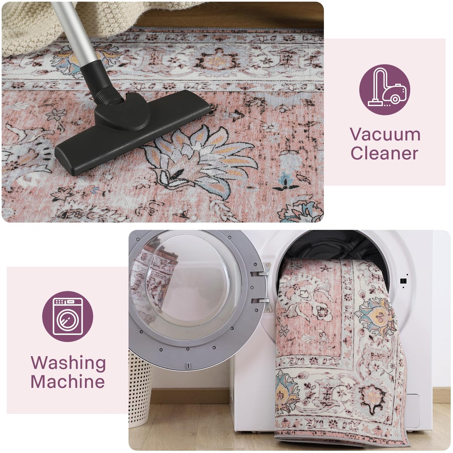 ULTSOFE Machine Washable Rug 4x6 Boho Area Rug, Pink Rugs for Bedroom Girls Bedside Living Room Dining Room Office, Anti Slip Low-Pile Stain Resistant Printed Vintage Floral Carpet Rugs