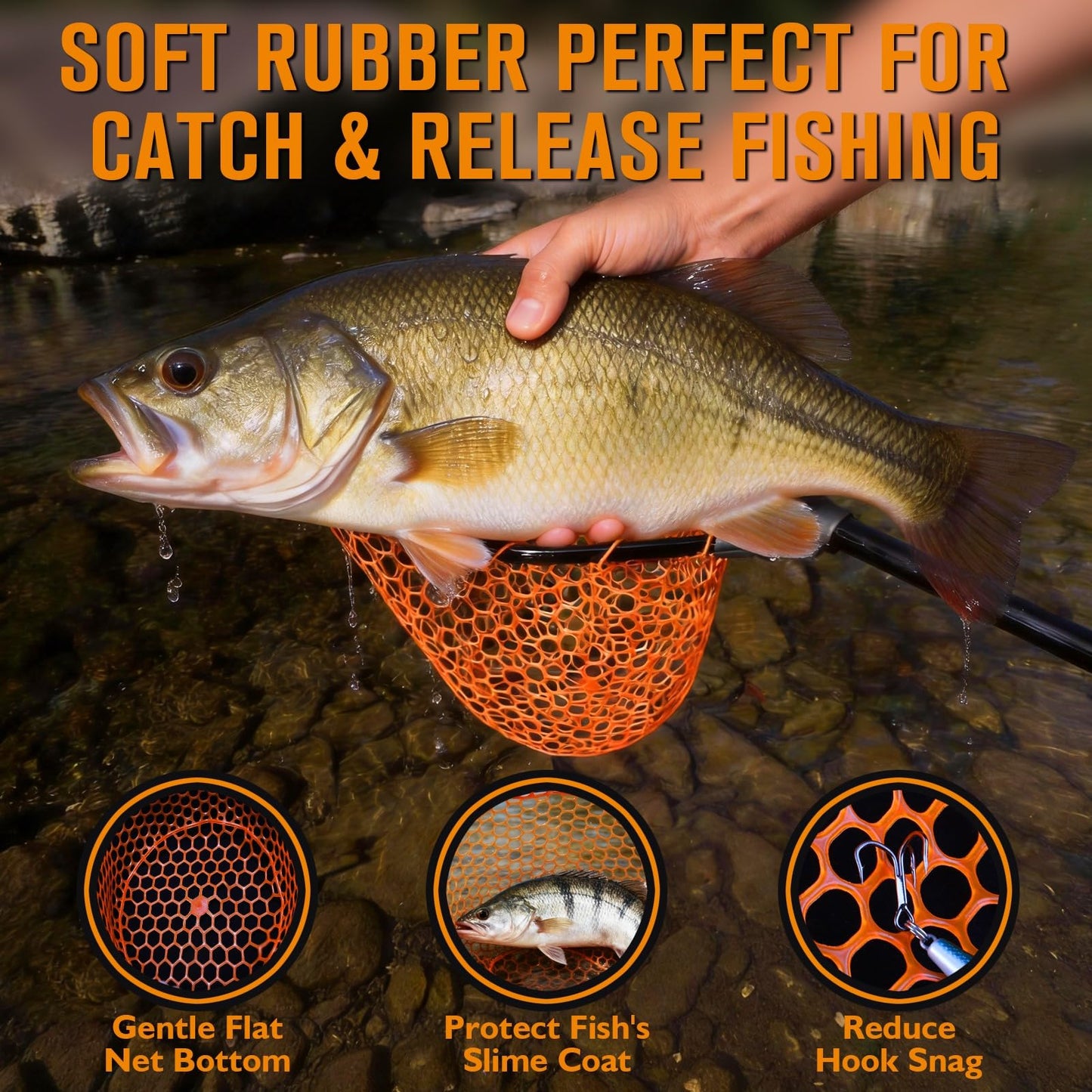 Dovesun Rubber Fishing Landing Nets Telescopic Handle Nets Folding Nets with Collapsible Handle for Catch & Release Fishing Gift 17.6" dia-13.7" Depth Orange