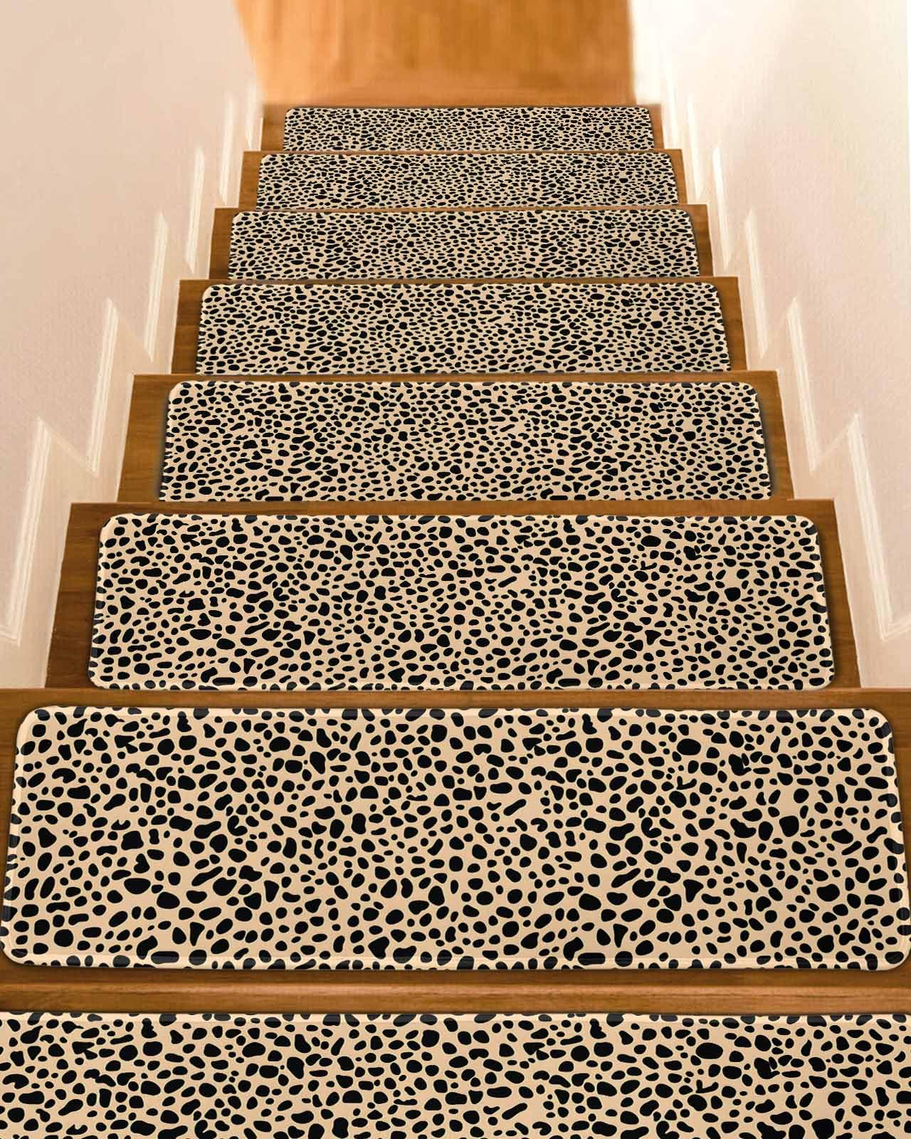 Leopard Textured Stair Treads for Wooden Steps Indoor, 7 Pack Non Slip Carpet Stair Treads for Kids Elders and Dogs with Reusable Adhesive, 8x30 inch Step Mats Modern Animals Printed Black Brown