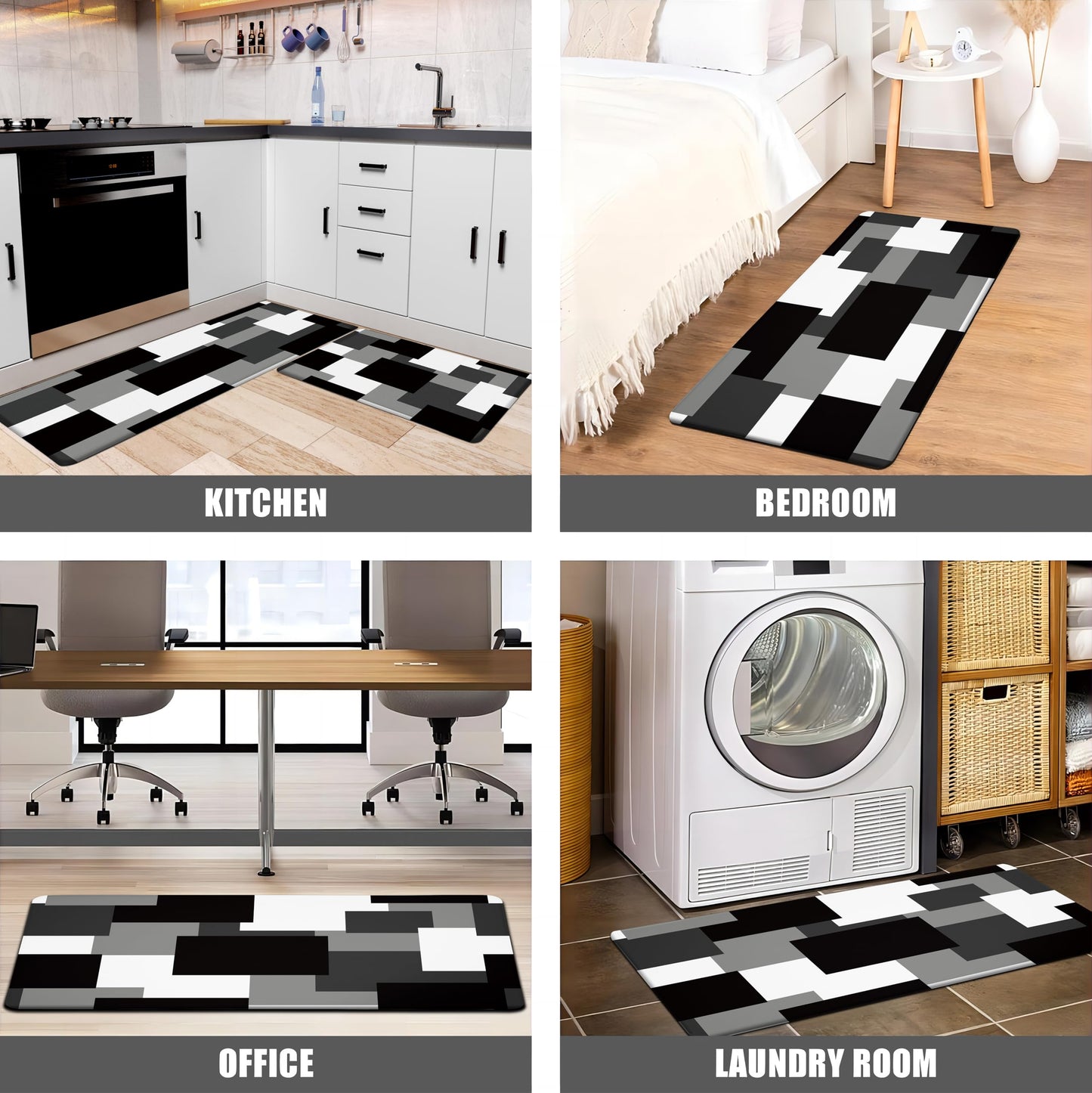 Tyrot Black Grey Kitchen Rugs Set of 2 Cushioned Anti Fatigue Kitchen Mats for Floor Non-Slip Waterproof Kitchen Floor Mats Geometric Ergonomic Cushioned Comfort Standing Mat for Laundry, Office, Sink