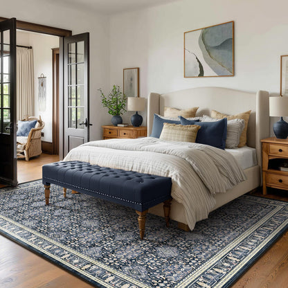 Jainmy Boho Floral Moroccan Trellis Large Area Rugs 9x12 for Living room, Dark Blue Classic Transitional Style Room Carpet Rug for Bedroom Dining Room, Washable Rug with Rubber Back Low Pile Thin Soft