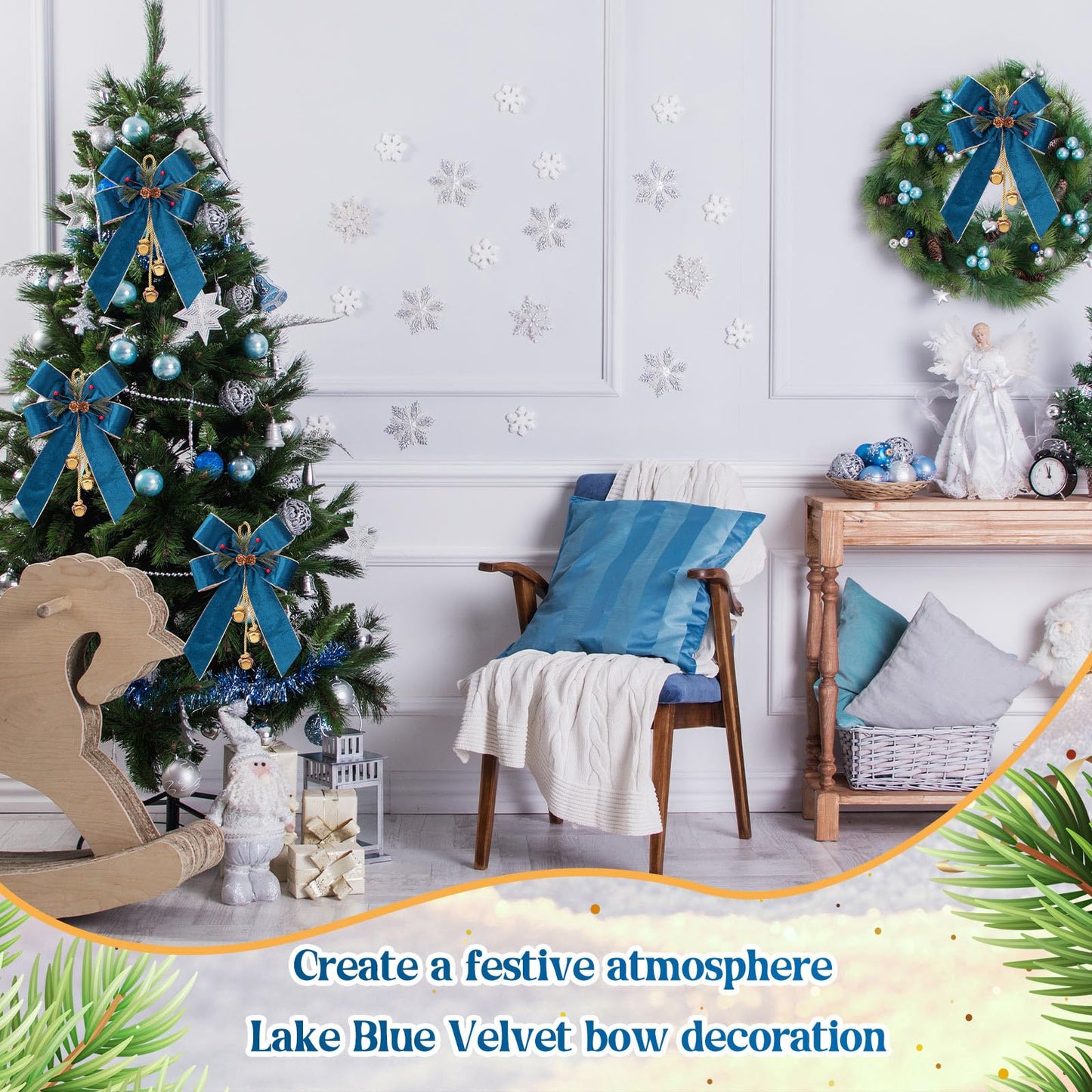 Yinkin 4 Pcs Christmas Tree Wreath Bow Christmas Ribbon Bows with Bells 11 x 7.8 in Velvet Pine Cone Bowknot Xmas Tree Hanging Ornaments Decor for Home Xmas Party Outdoor Indoor (Lake Blue)