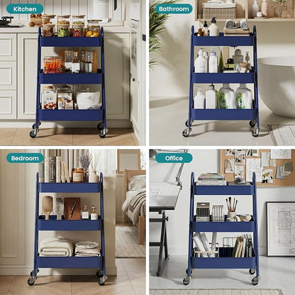 OLIXIS Metal 3 Tiers Utility Rolling Cart, Mobile Storage Shelf with Lockable Caster Wheels, Organization for Livingroom, Bathroom & Narrow Places, Blue