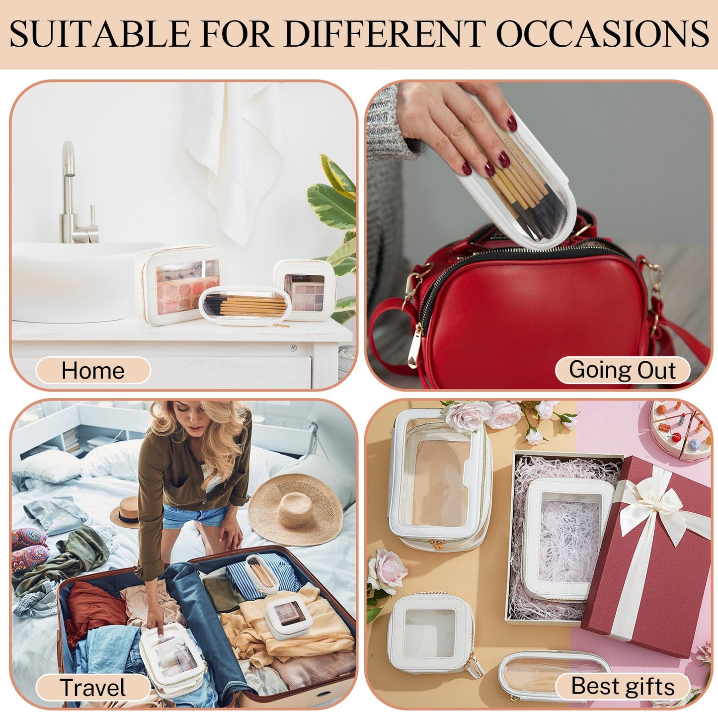 4 Pcs Leather Clear Makeup Bags Set for Women Travel Clear Cosmetic Case Toiletry Bags with Zipper Makeup Brush Case Waterproof Organizer Storage for Women Men Travel Accessories, 4 Sizes(White)