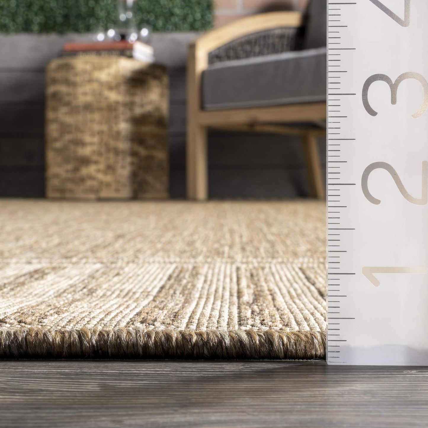 """nuLOOM 5' x 8' Outdoor Area Rug, Casual Design With Striped Border, Stain Resistant, Highly Durable, For Patio, Balcony, Bedroom, Living Room, Dining Room, Bathroom, Light Brown"""
