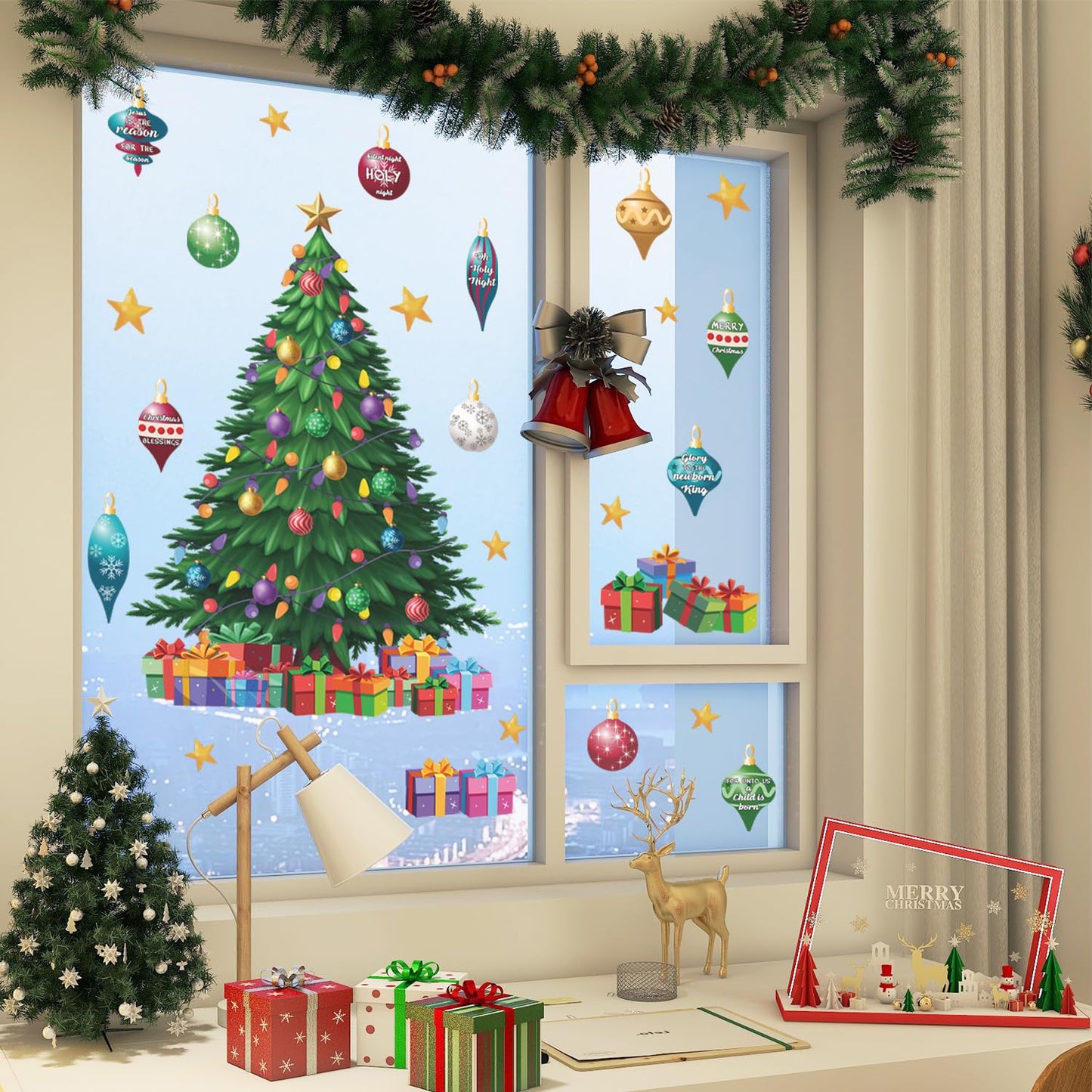IARTTOP Large Christmas Tree Wall Decals Xmas Bell Winter Holiday Window Clings Bible Verse Wall Stickers Christmas Christian Decor Decal Xmas Decoration for Home Party Living Room Glass