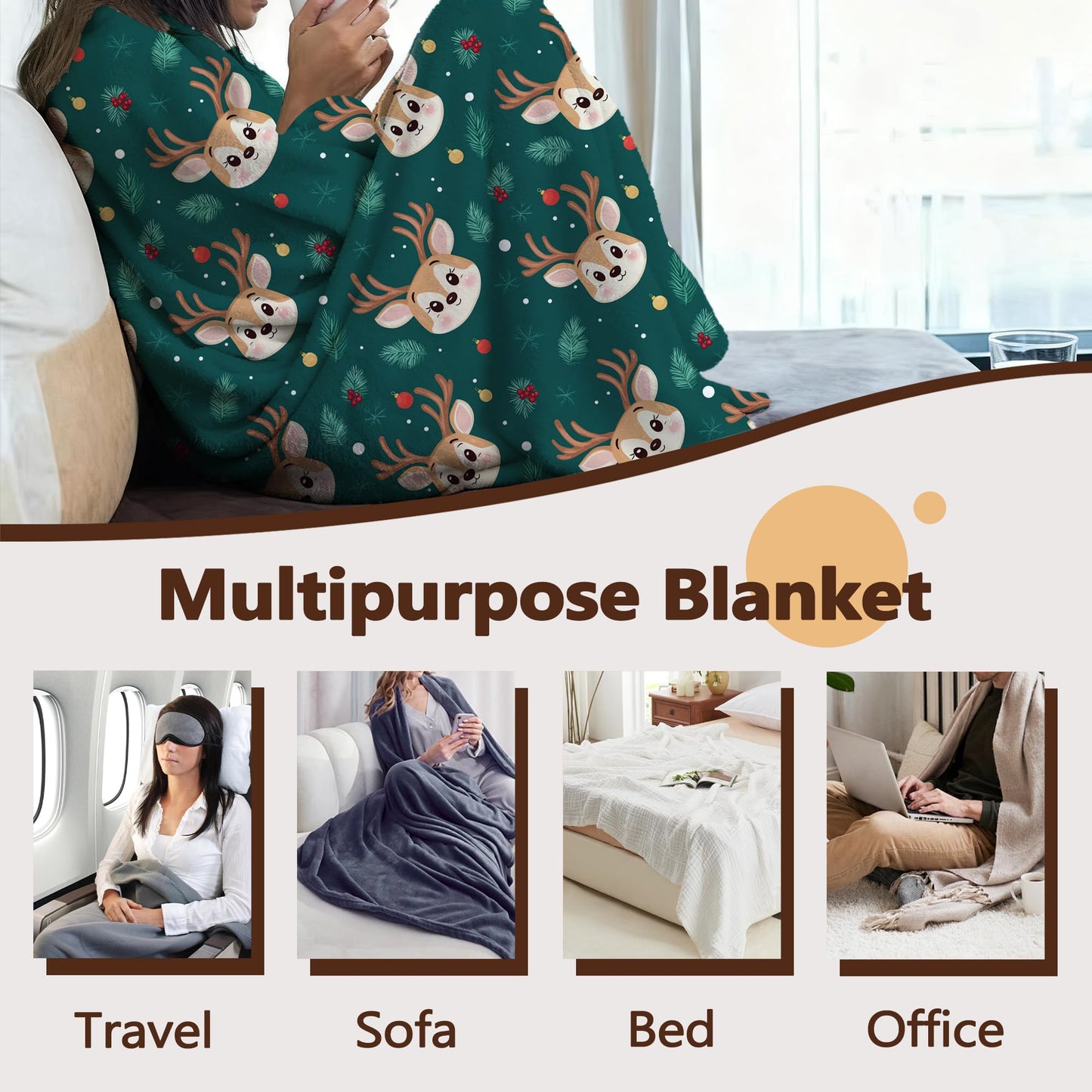 Cute Elk Throw Blanket for Couch Home Decoration,Green Christmas Pine Leaf Cozy Fluffy Blanket,Decorative Flannel Fleece Fall Throw for Sofa Living Room Travel,Camping,Naps,Reading50 X 60 Inch