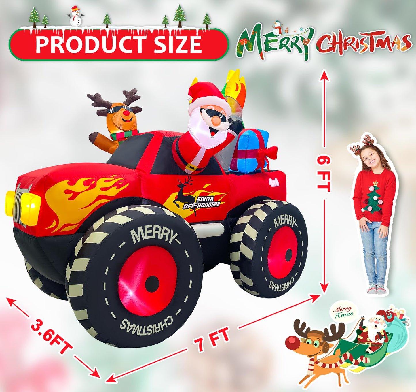 EAONE 7FT Christmas Inflatable Outdoor Decoration, Inflatable Santa Claus & Reindeer on Monster Truck, Blow Up Yard Decorations LED Lighted for Yard, Garden, Lawn, Home Xmas Holiday Decor