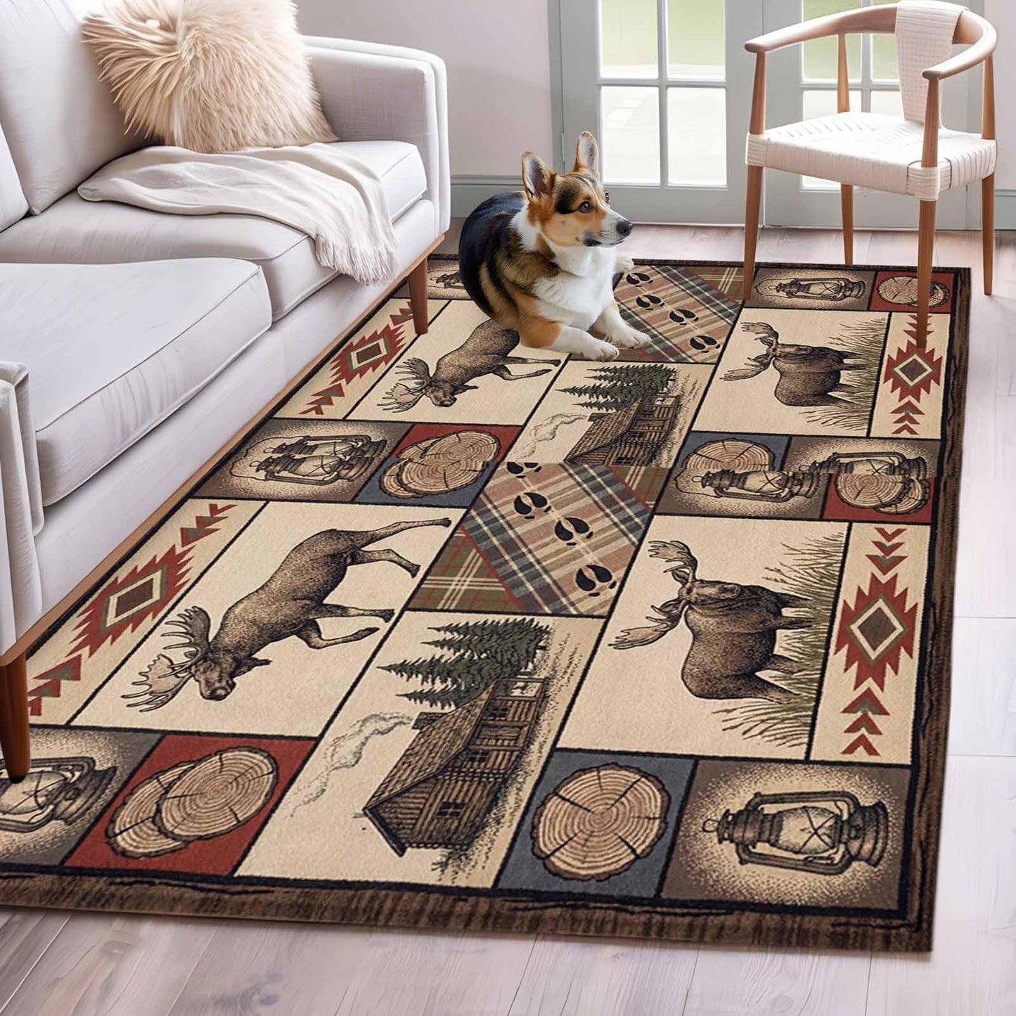 Country Style Washable Rug 4x6 Farm Buck Wooden House Aztec Plaid Patchwork Area Rugs for Living Room Non Slip Non Shedding Floor Carpet Low-Pile Rug for Kitchen Bedroom Entryway Office