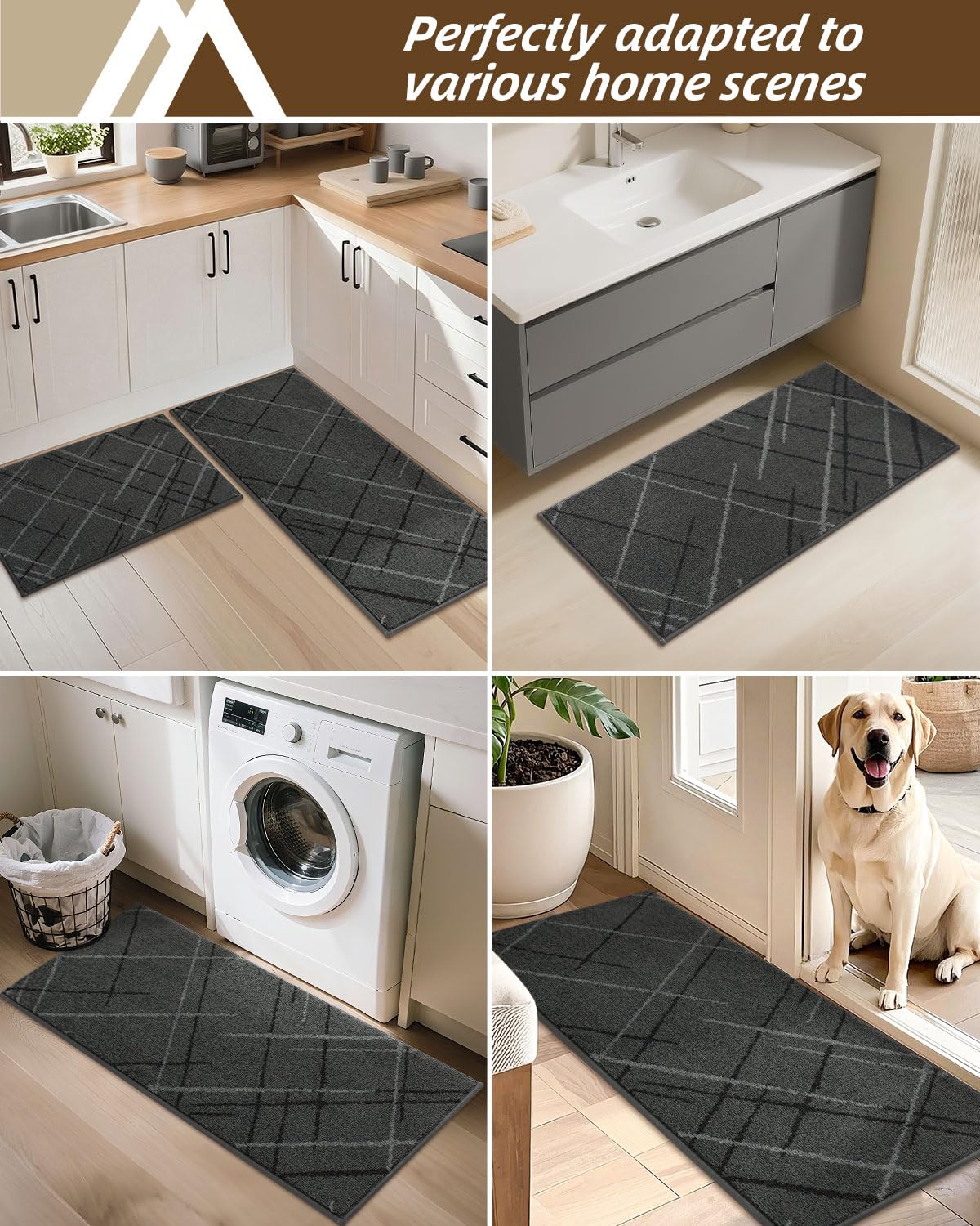 COSY HOMEER Kitchen Mats, 2 PCS Kitchen Rug Non Slip Washable, Absorbent Runner Rugs for Kitchen Floor, Polyester Kitchen Sink Rug 20"x32" + 20"x48"(Grey)