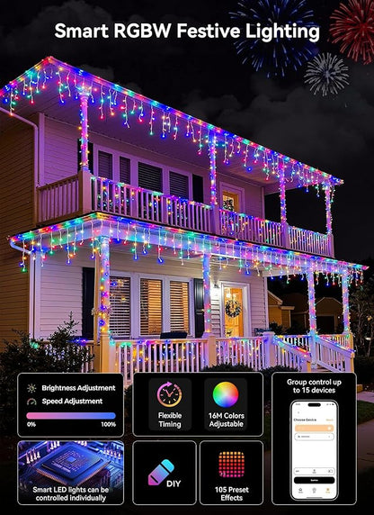 Smart Icicle Lights for Outside - 56ft 512 LED Color Changing Icicle Christmas Lights Outdoor - APP Controller 50+Preset Modes 16M Color Customize DIY Dynamic Lighting Effect