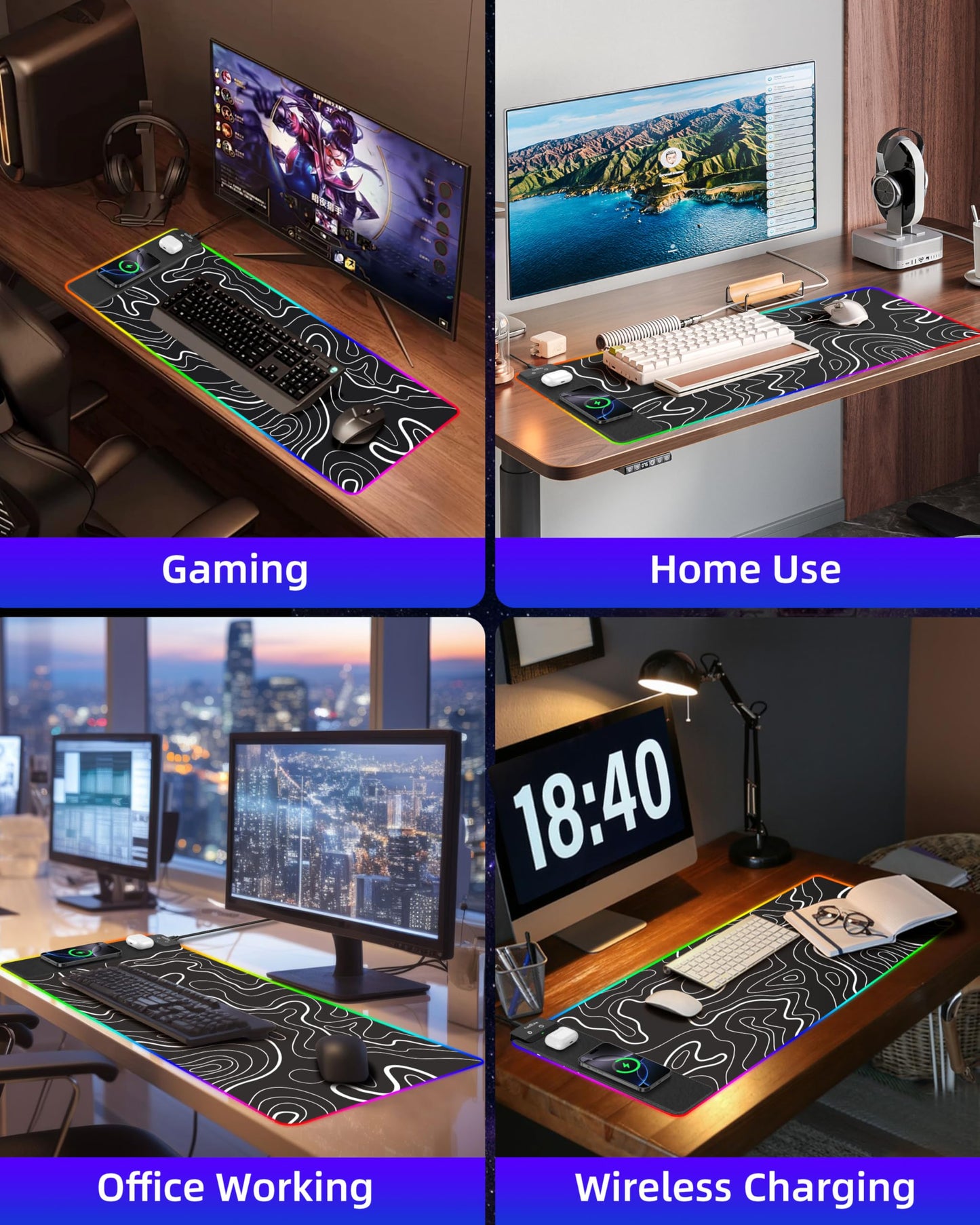 Wireless Charging Mouse Pad, RGB Gaming Mousepad, 31.5"x15.7" Extra Large Desk Pad, 13 Light Modes, Ultra-Smooth Surface, Non-Slip Base, Waterproof Computer Keyboard Mat for MacBook, PC, Laptop, Black