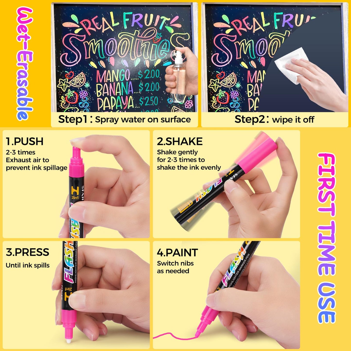 SFAIH 30 Vibrant Liquid Chalk Markers for Bhalkboard, Calendar, Glass - [1s Wet Wipe] No Residue, 0.7-1mm Extra Fine Tip, Chalk Pens for Bistro, Labels [Highlighter Marker Pen for LED light board]