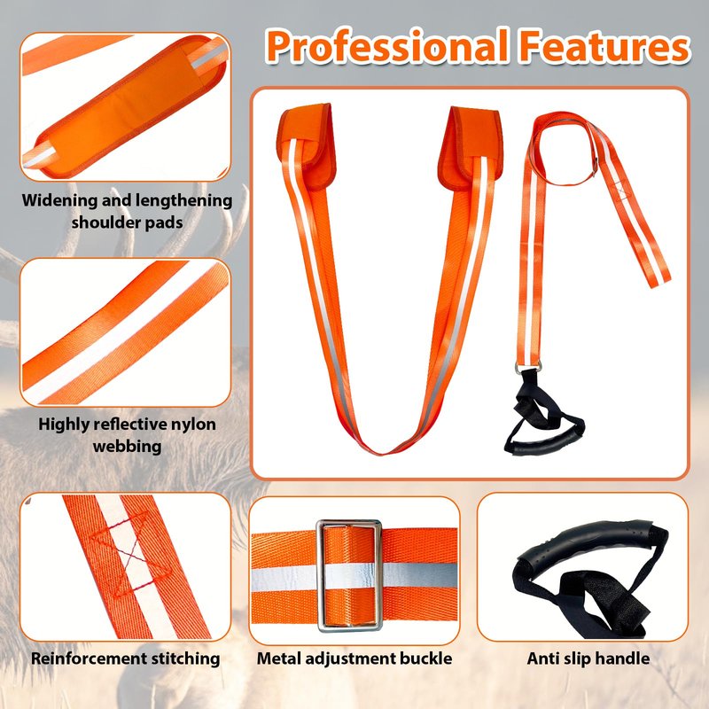 Vecacosic Deer Drag Strap And Harness Heavy Duty Safety Reflective Orange Deer Dragging Rope with Widen and Extended Shoulder Pads, Hunting Accessories Gift for Hunters, 500lbs Load Capacity