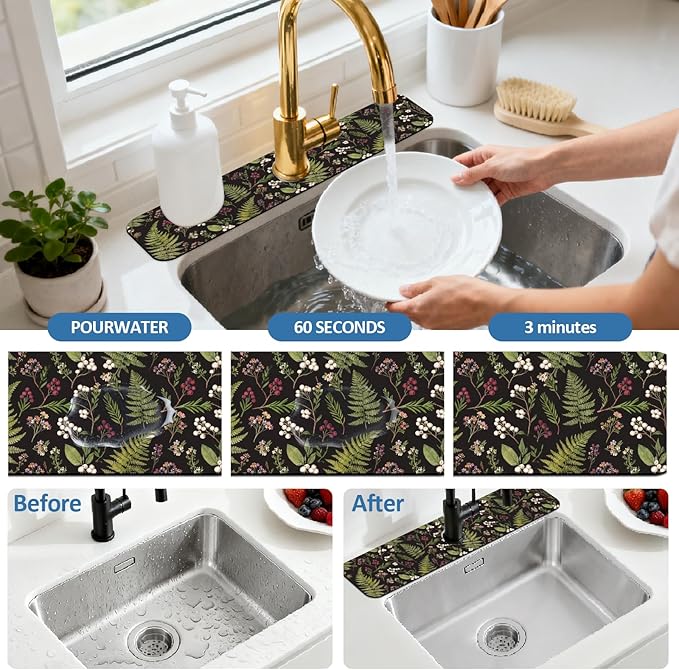2 Pcs Kitchen Sink Splash Guard Faucet Mats Vintage Fern and Berries Pattern