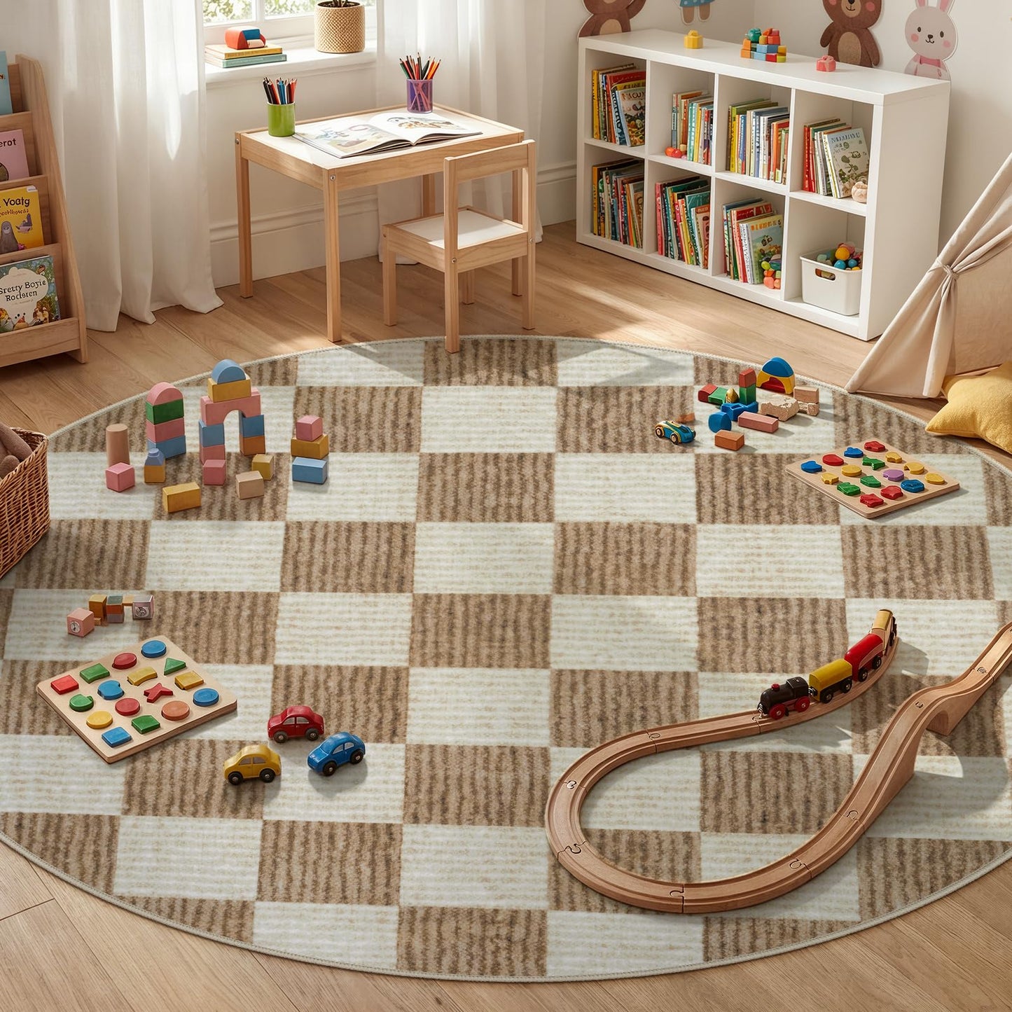 LIVEBOX Checkered Round Rug 6 Ft Washable Area Rug for Playroom Classroom, Kids Non-Slip Neutral Classic Circle Rug Geometric Large Carpet Soft Boys Nursery Rug for Dorm Bedroom(Brown,180R)