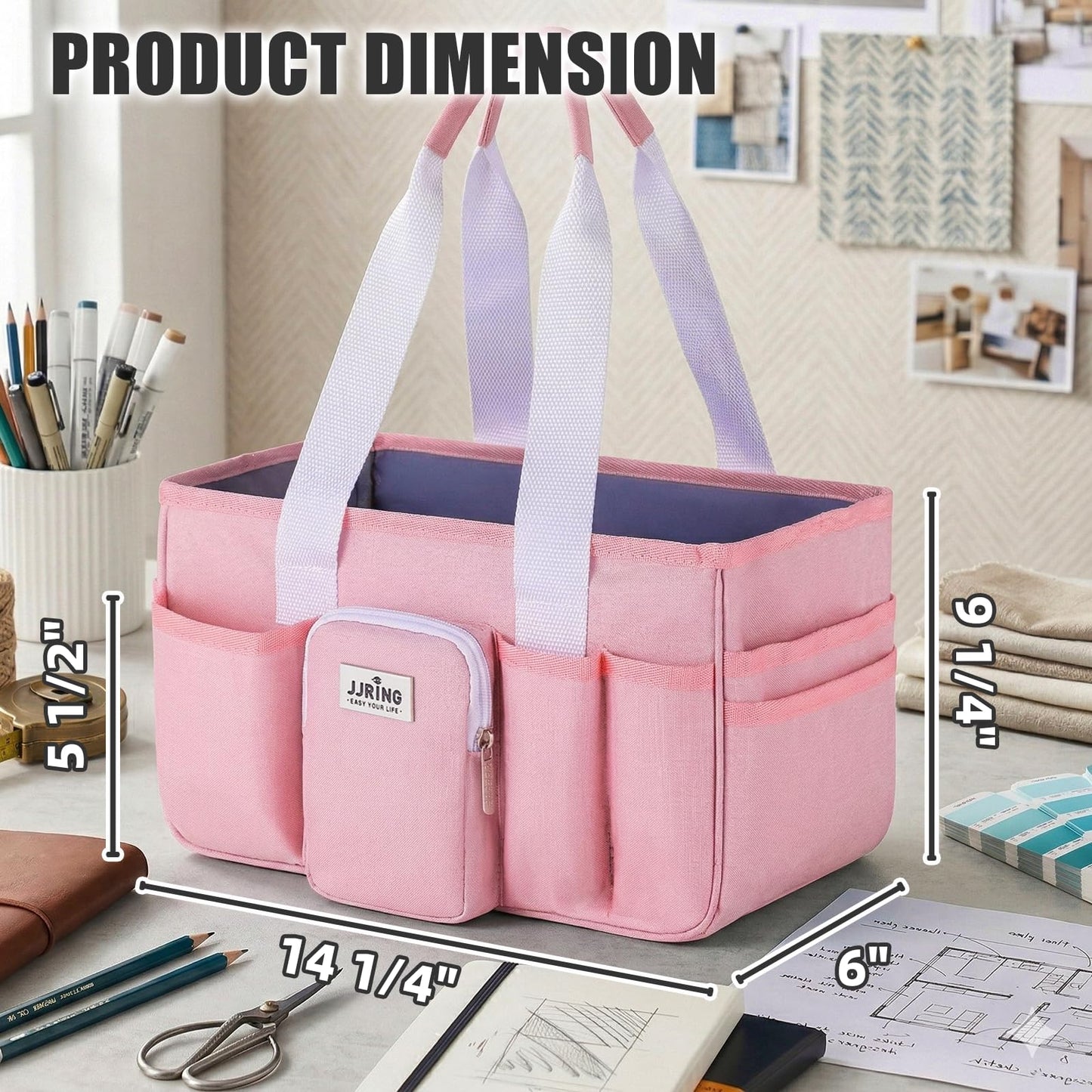 Jjring Craft Organizer Tote Bag, Portable Art Caddy with Adjustable Divider&Secure Zipper Pocket, Foldable Storage Tote for Scrapbooking, Sewing, Artist and Home(Pink)