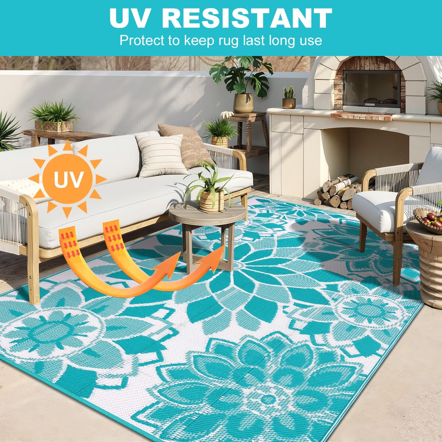 LOKHOM Outdoor Rug for Patio 8x10 ft Reversible Plastic Straw Patio Camping Rug, Floral Waterproof RV Mat for Camper Indoor Outdoor Carpet for Deck Porch Picnic Beach Balcony Backyard, Teal & White