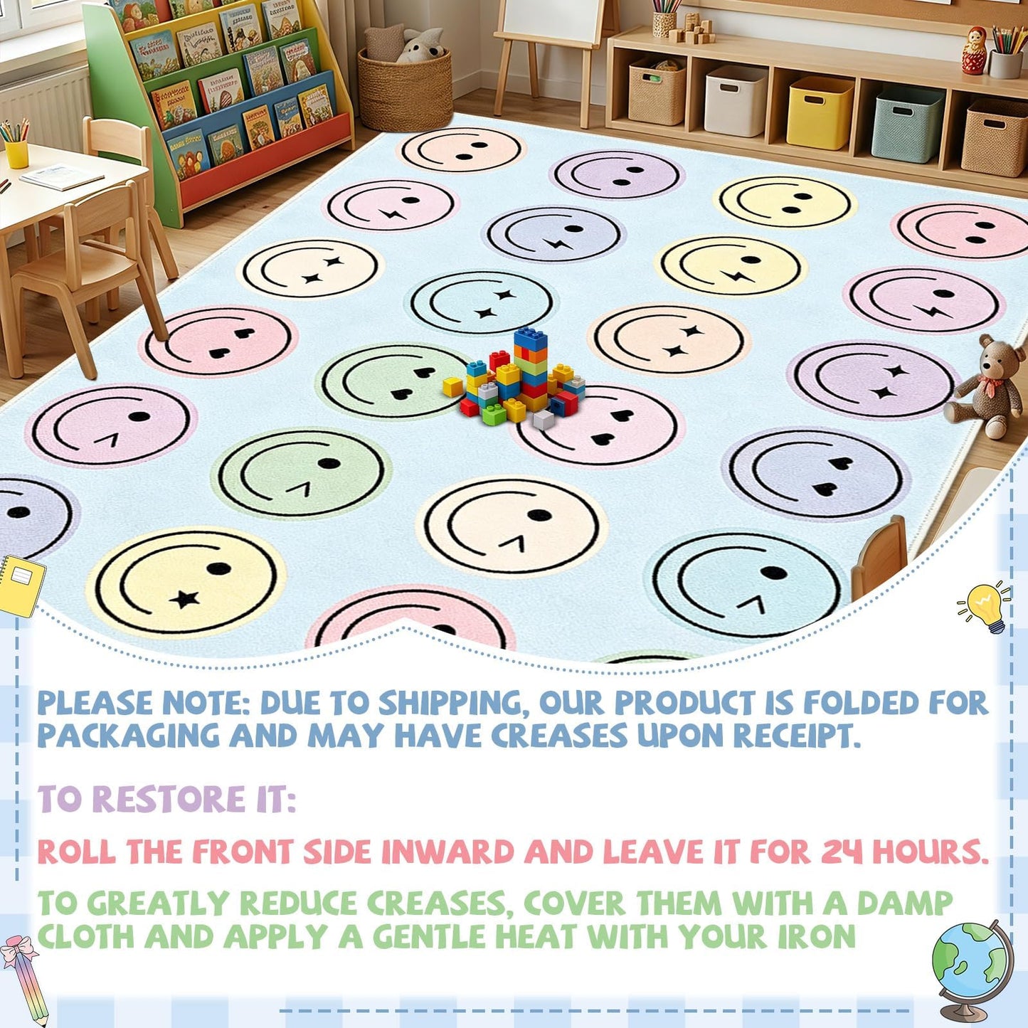 7.6x12 ft Large Smile Face Classroom Rug Happy Face Educational Area Mat Smile Faces Blue & Multicolor Play Carpet Back to School Learning Mat for Preschool Playroom Nursery Kindergarten(Blue)
