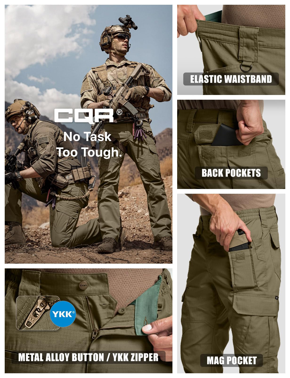 CQR Men's Tactical Pants, Water Resistant Ripstop Cargo Pants, Lightweight EDC Work Hiking Pants, Outdoor Apparel, Raider Mag Soil Green, 40W x 30L
