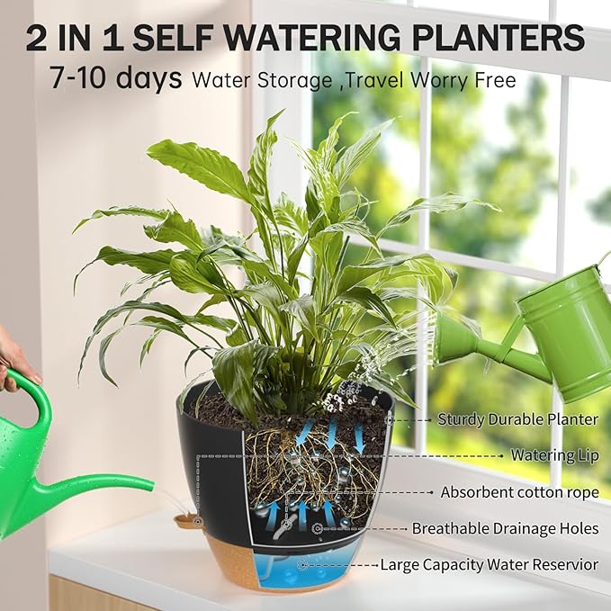ZMTECH 8/9/10 Inch Self Watering Plant Pots with Watering Lip, Planters with Drainage Holes and Removable Saucer, Plastic Flower Pots for Indoor Outdoor Plants (3 Pack,Black)