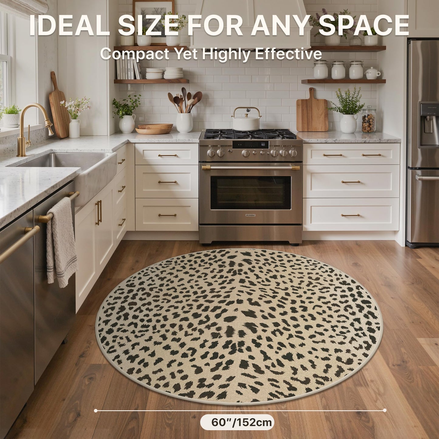 Bavni 5FT Leopard Round Area Rugs for Living Room, Machine Washable Animal Rug Foldable Ultra-Thin Indoor Non Slip Brown Carpet Print Mat,Bedroom Dining Room Home Office, Light Brown