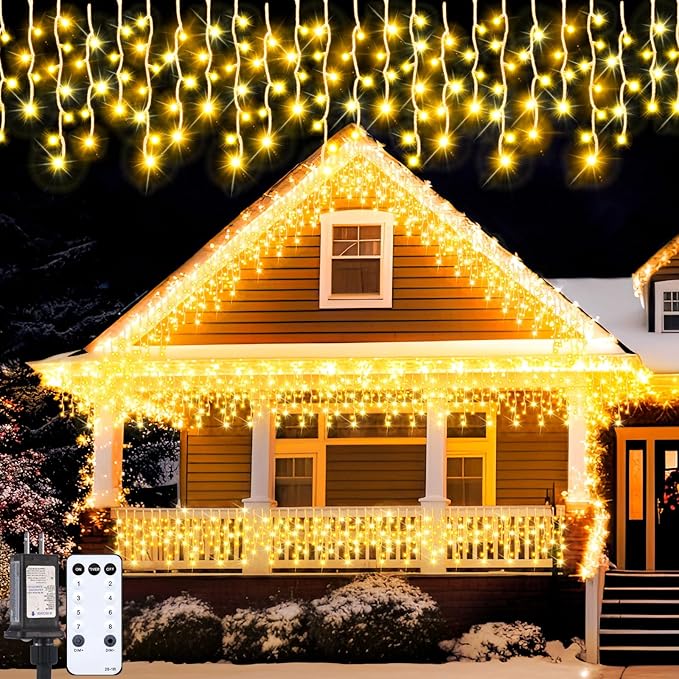132Ft 1280 LED Christmas Icicle Lights Extra Long 8 Modes Waterproof Icicle String Lights with 240 Drops, Fairy Hanging Lights Decor with Remote for Xmas Wedding Indoor Outdoor(Warm White)