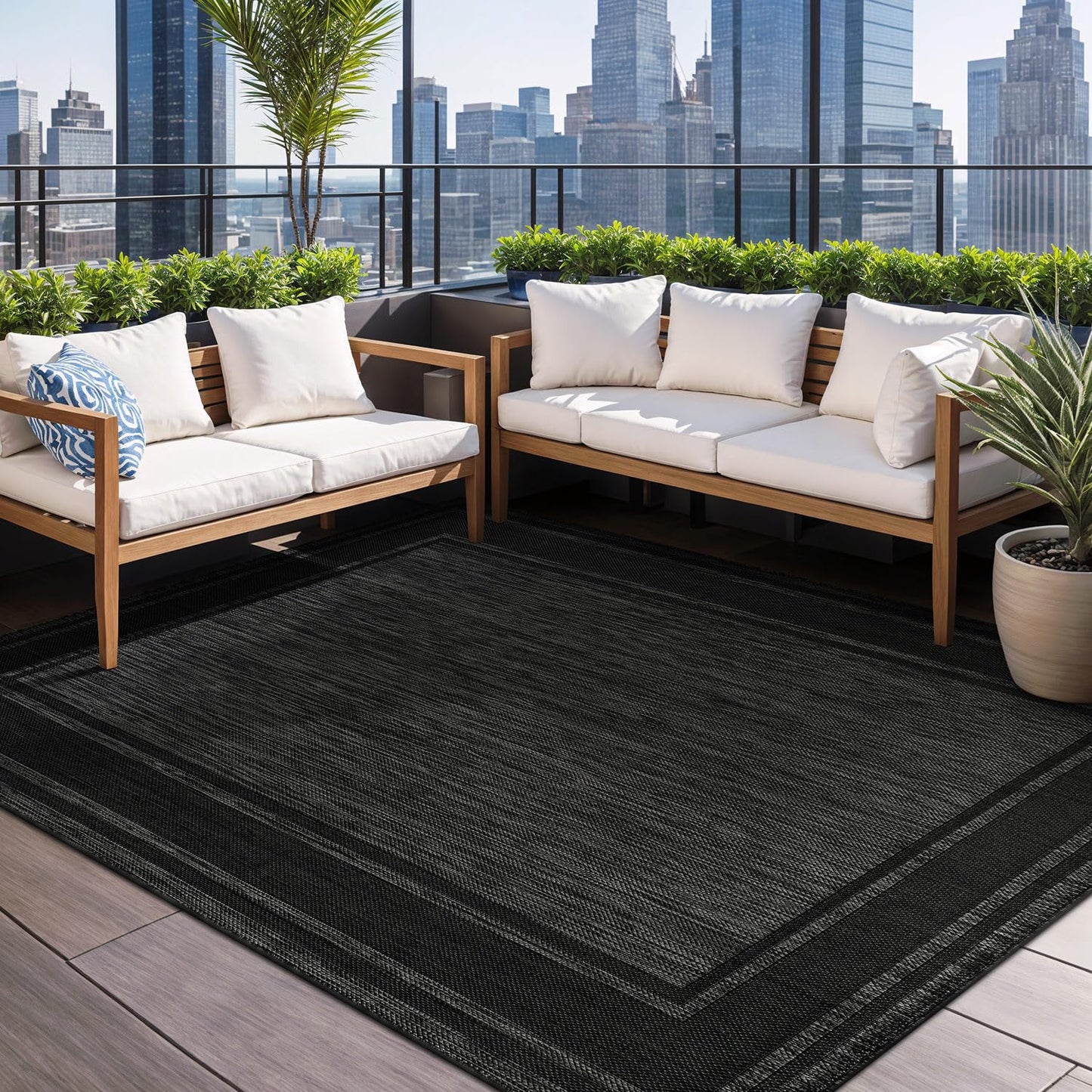 Beverly Rug Outdoor Rug 5x7 Modern Bordered Area Rugs for Indoor and Outdoor Patio Deck Porch Garden Waterproof Weather Sun Resistant Washable Outside Carpet (5 x 7 Black)